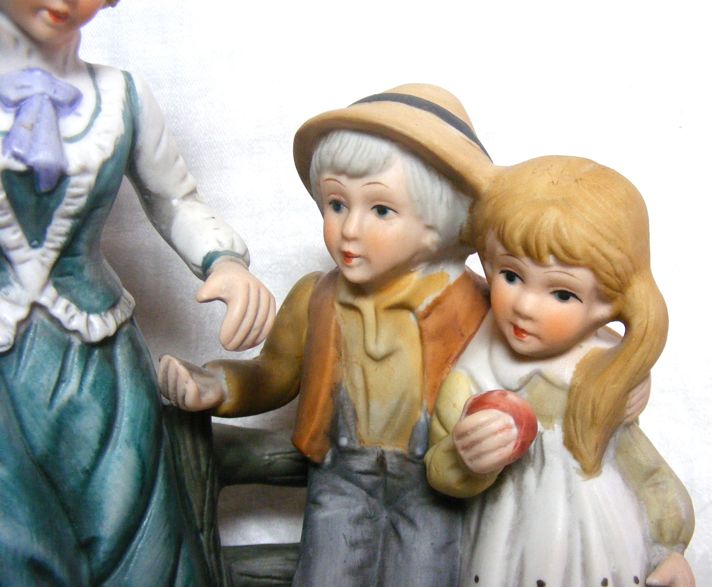 Vintage Decorative Figurine Family Picnic On A Bench Hand Painted Porcelain