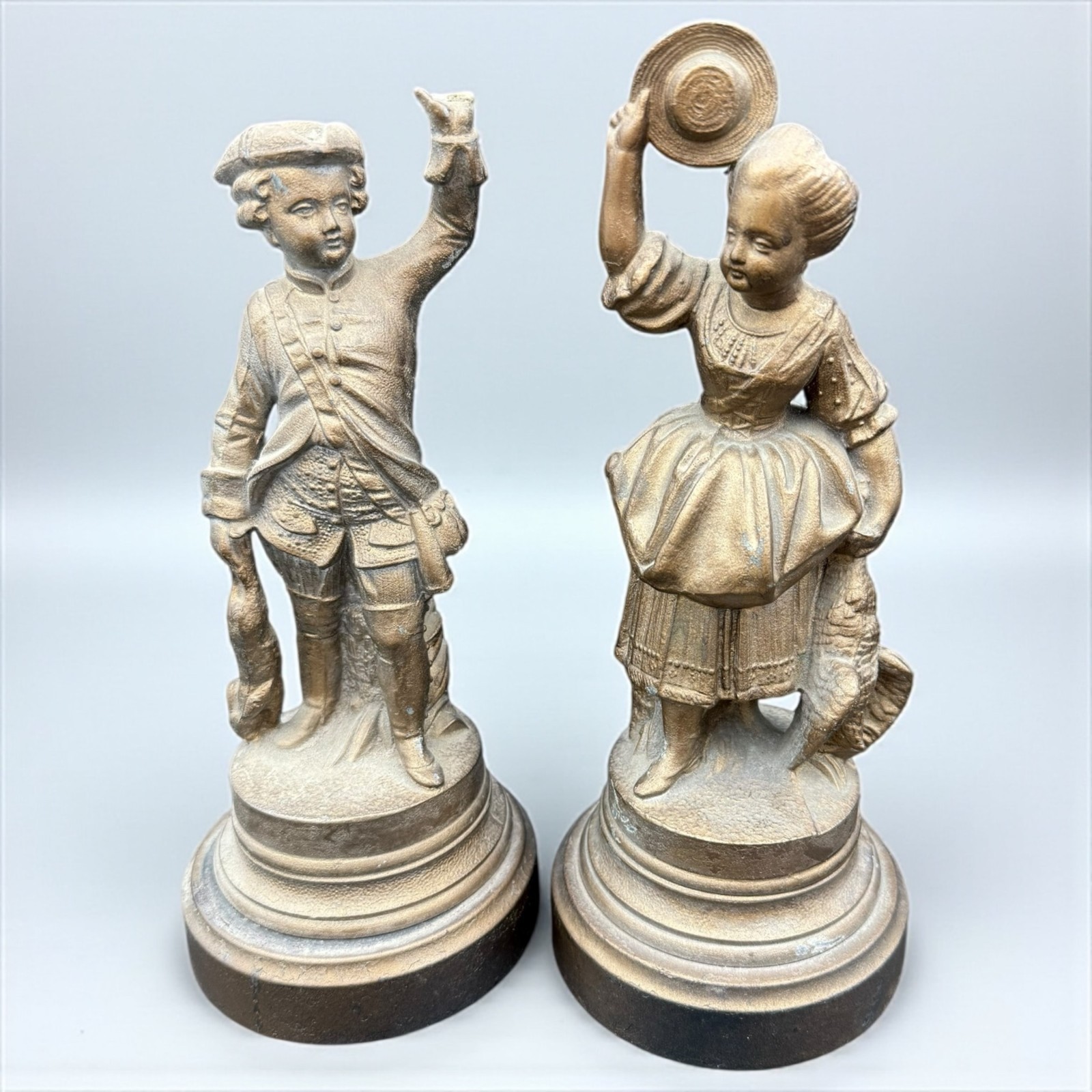 Vintage Spelter Peasant Statue Pair Boy & Girl with Rabbit/Fowl Rustic Figurines