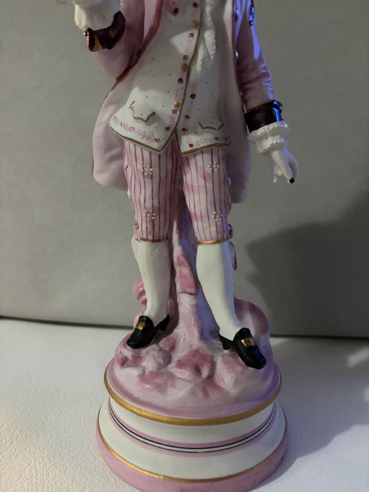 Pair Of Porcelain Figurines, 18th Century Style Man And Women In Pink Attire