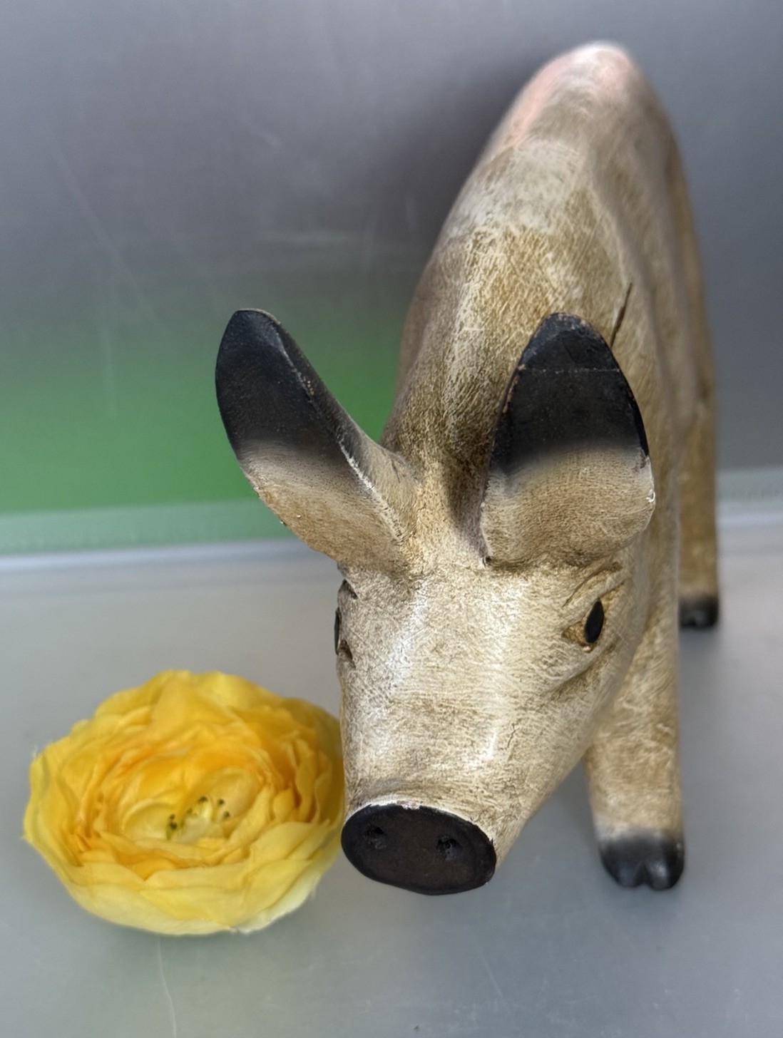 Hand Carved Hand Painted Wood 9.5″ x 6″ Hog Sow Pig Thailand Nice Collectible