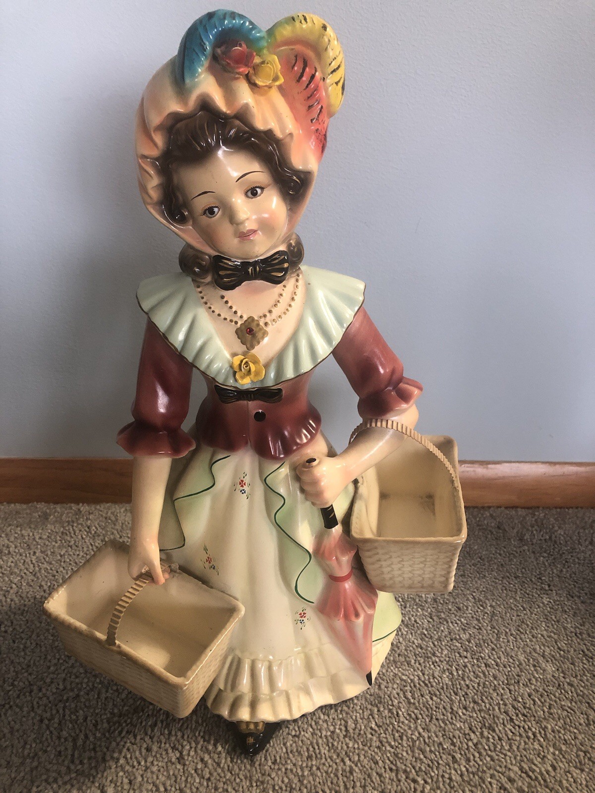Vtg. Pristine 17 in. Flower Girl Figurine with Metal Handled Baskets/ Portugal