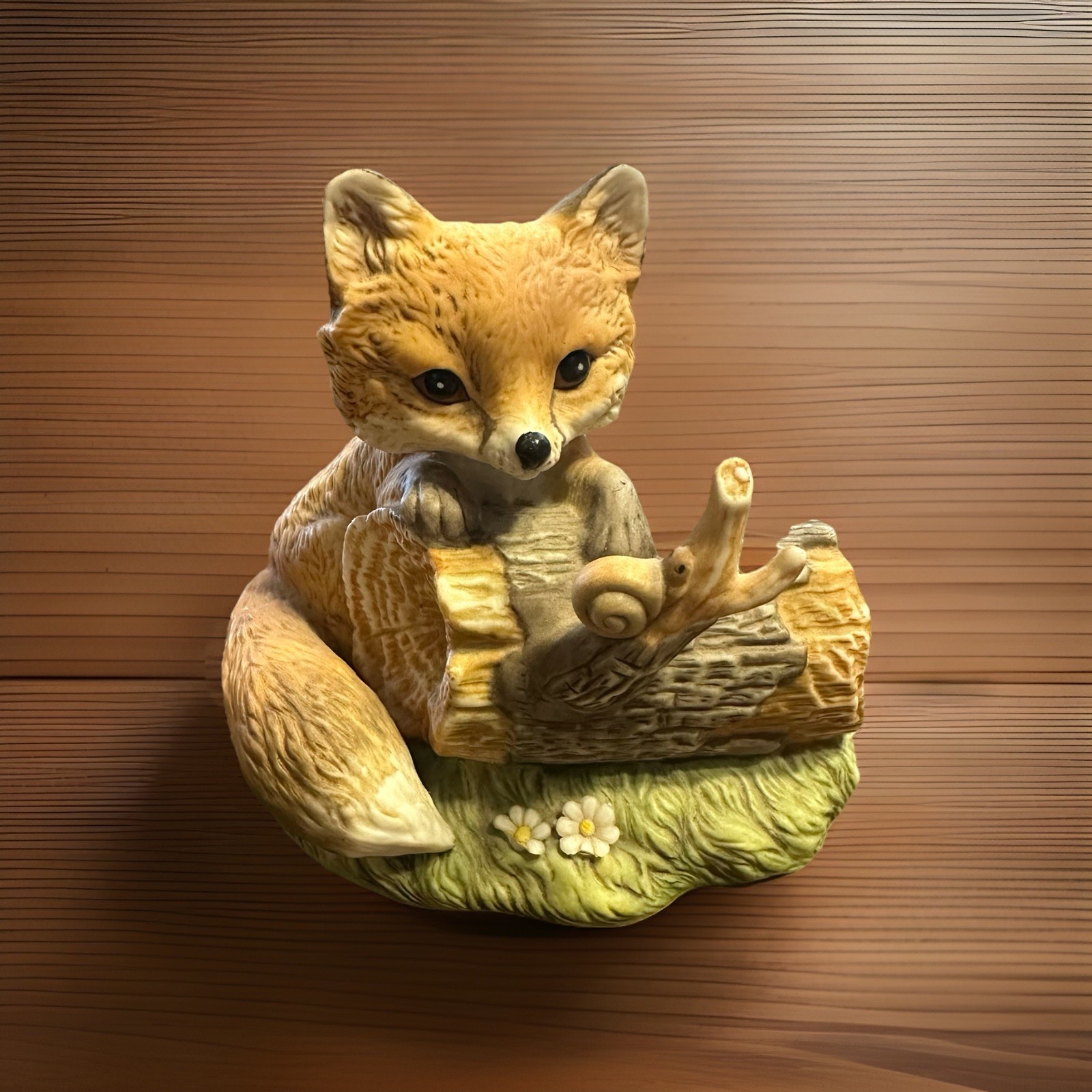 Vintage Masterpiece Porcelain by HOMCO Red Fox w/ Snail Log Figurine 1986