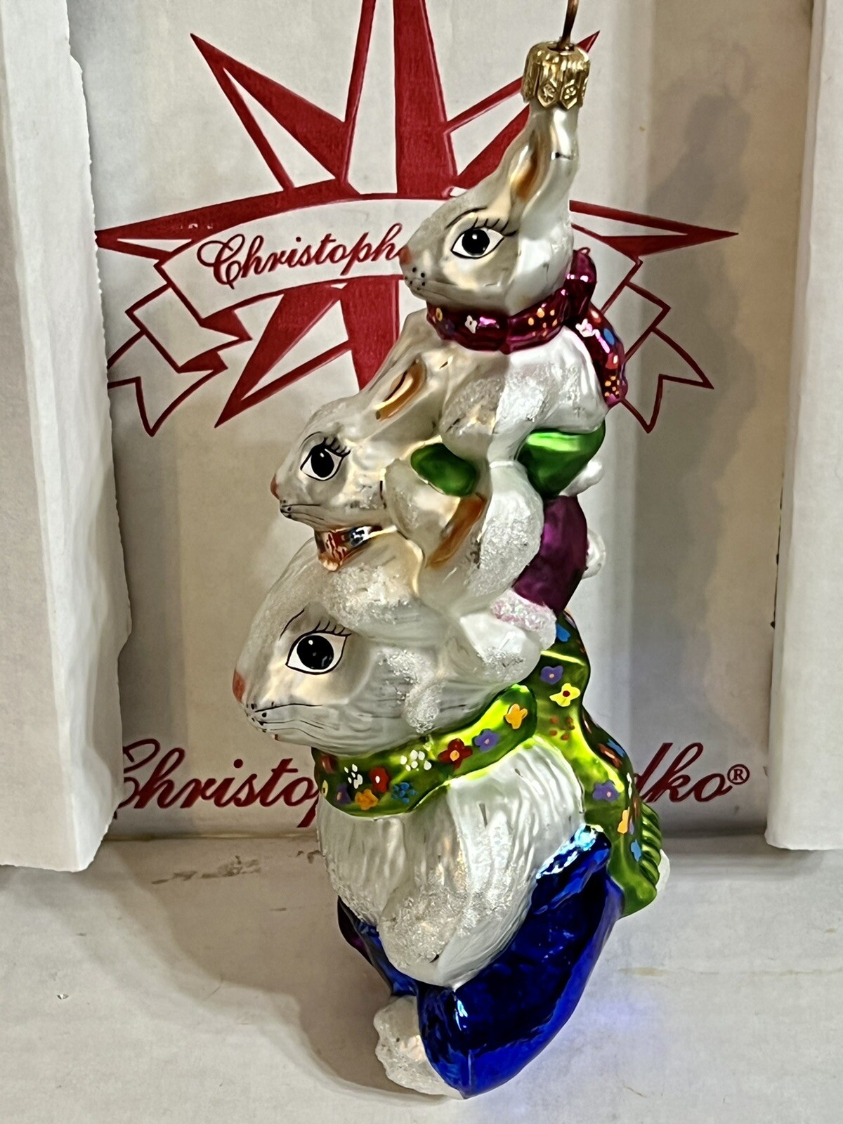 Christopher Radko HOP ON TOP Ornament 98-280-0 Bunny Rabbit Easter ￼8.25”