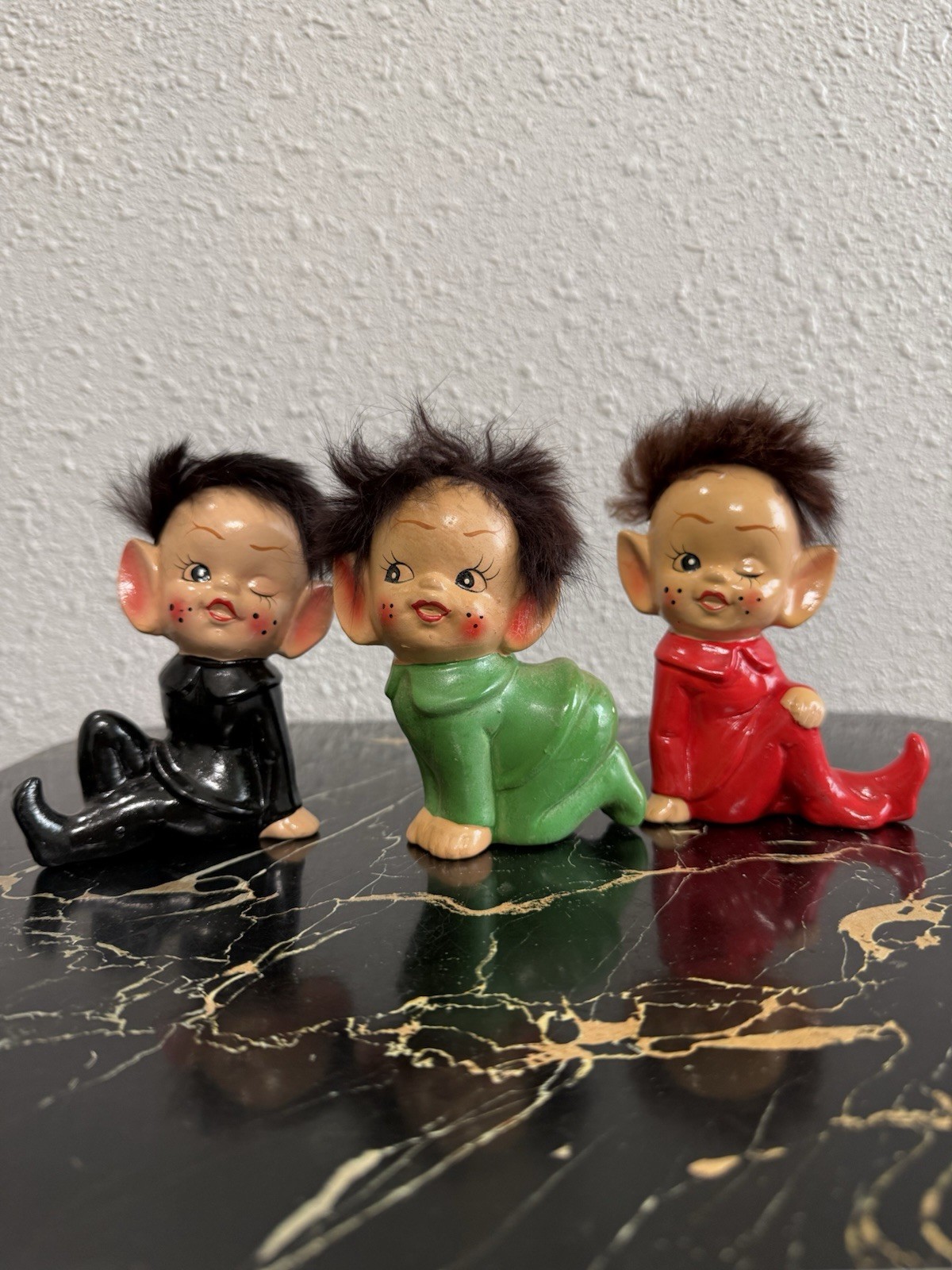 Rare 3 vintage pixie elves figurine3 Japan Dabs Rabbit Fur Hair (As Is)