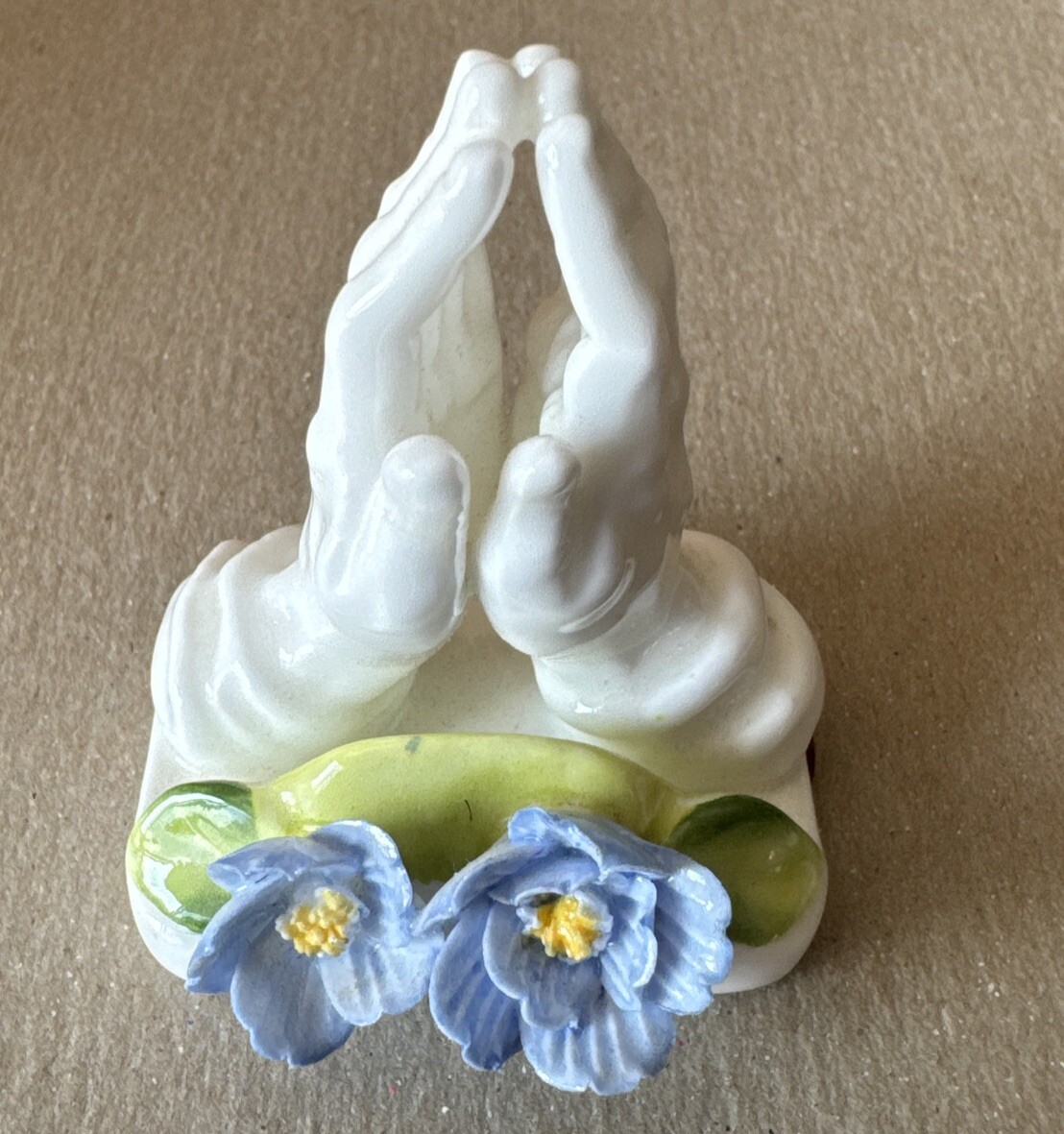 1977 Enesco Maruri Masterpiece Taiwan Bone China Praying Hands Blue Flowers