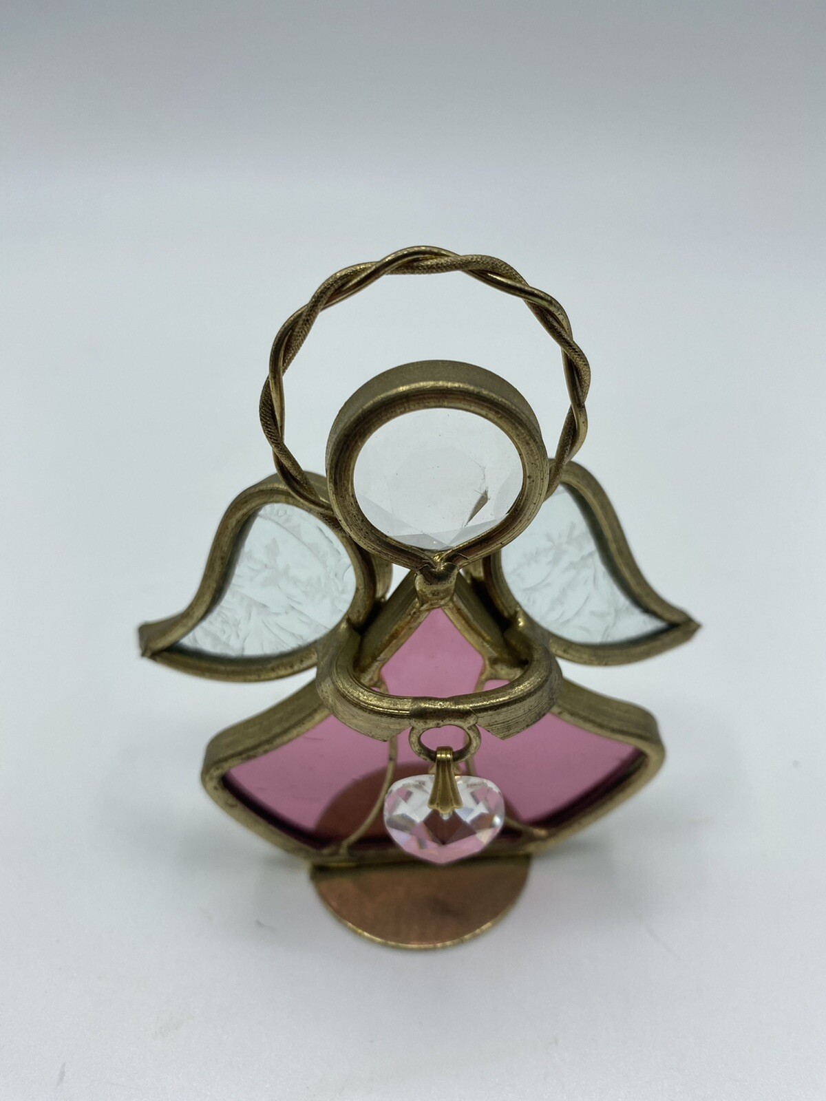 Vtg Stained Pink Clear Glass Metal Angel Figurine Ornament w/Heart 3 1/8″ Tall