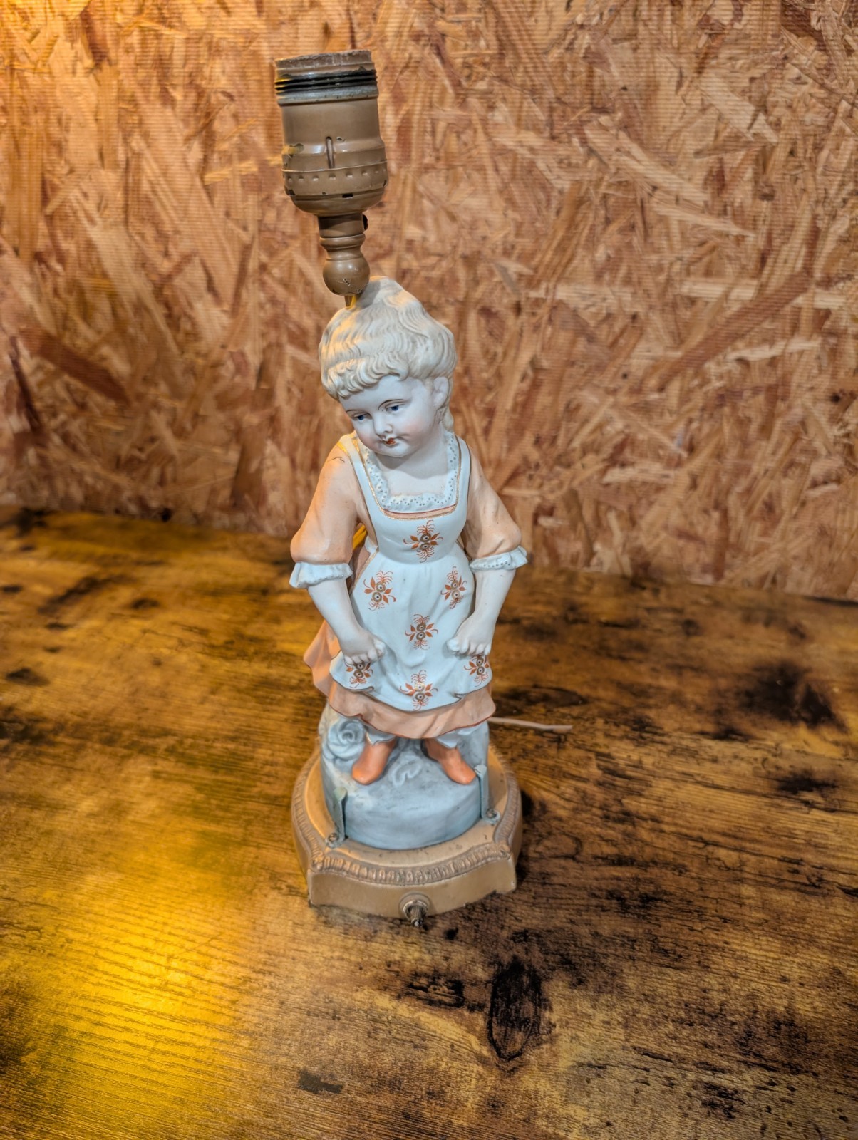 Vintage Gebruder Heubach-German Bisque-Young Girl-Pink Tones Gold Paint Lamp