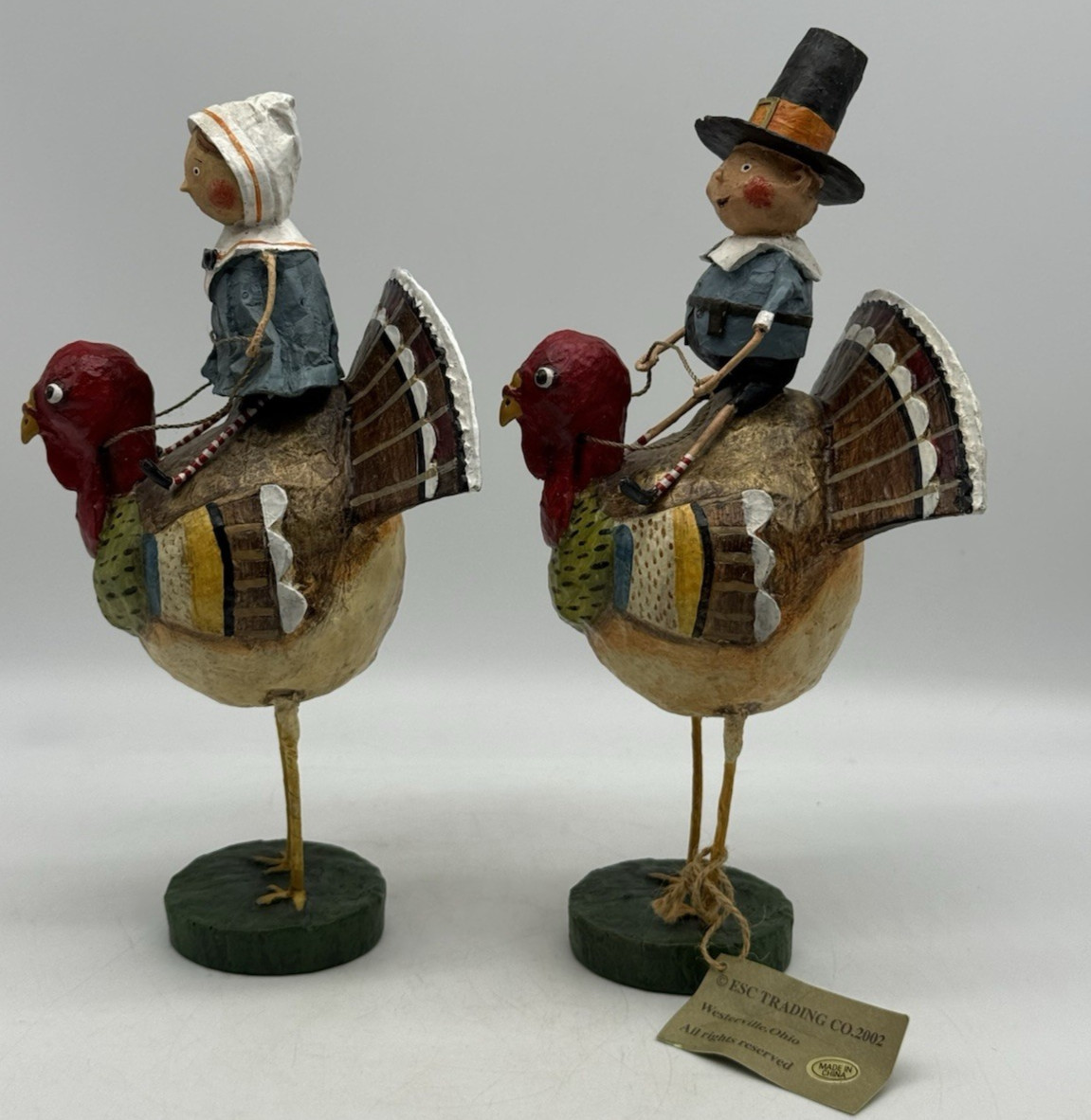 Lori Mitchell Tom & Goodie Riding Turkey Gobblers Thanksgiving Pilgrim Figurines