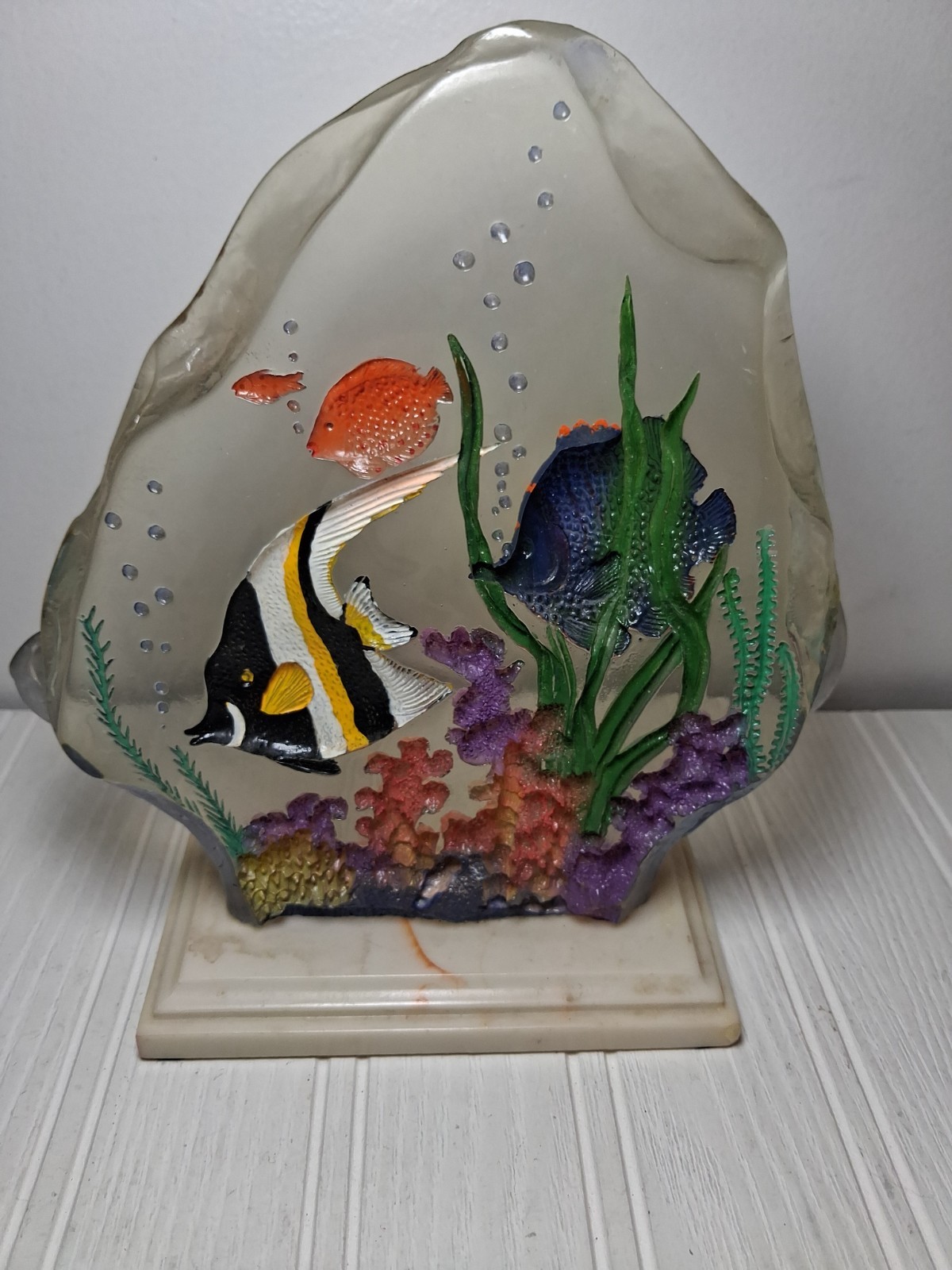 Lucite Acrylic Angel Fish Aquarium Art Reverse Carved Hand Painted