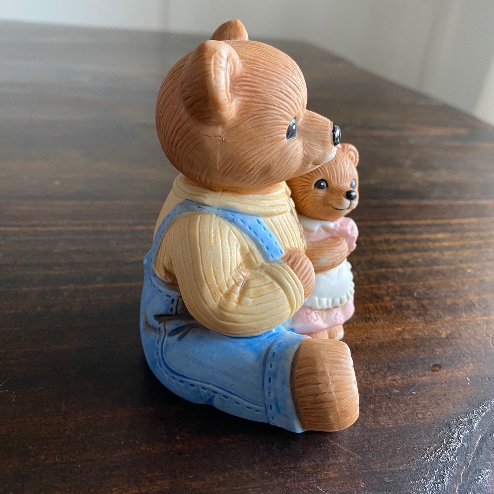 Vintage Ceramic Father and Baby Teddy Bear Figurine Blue Overalls 4 Inch 1444