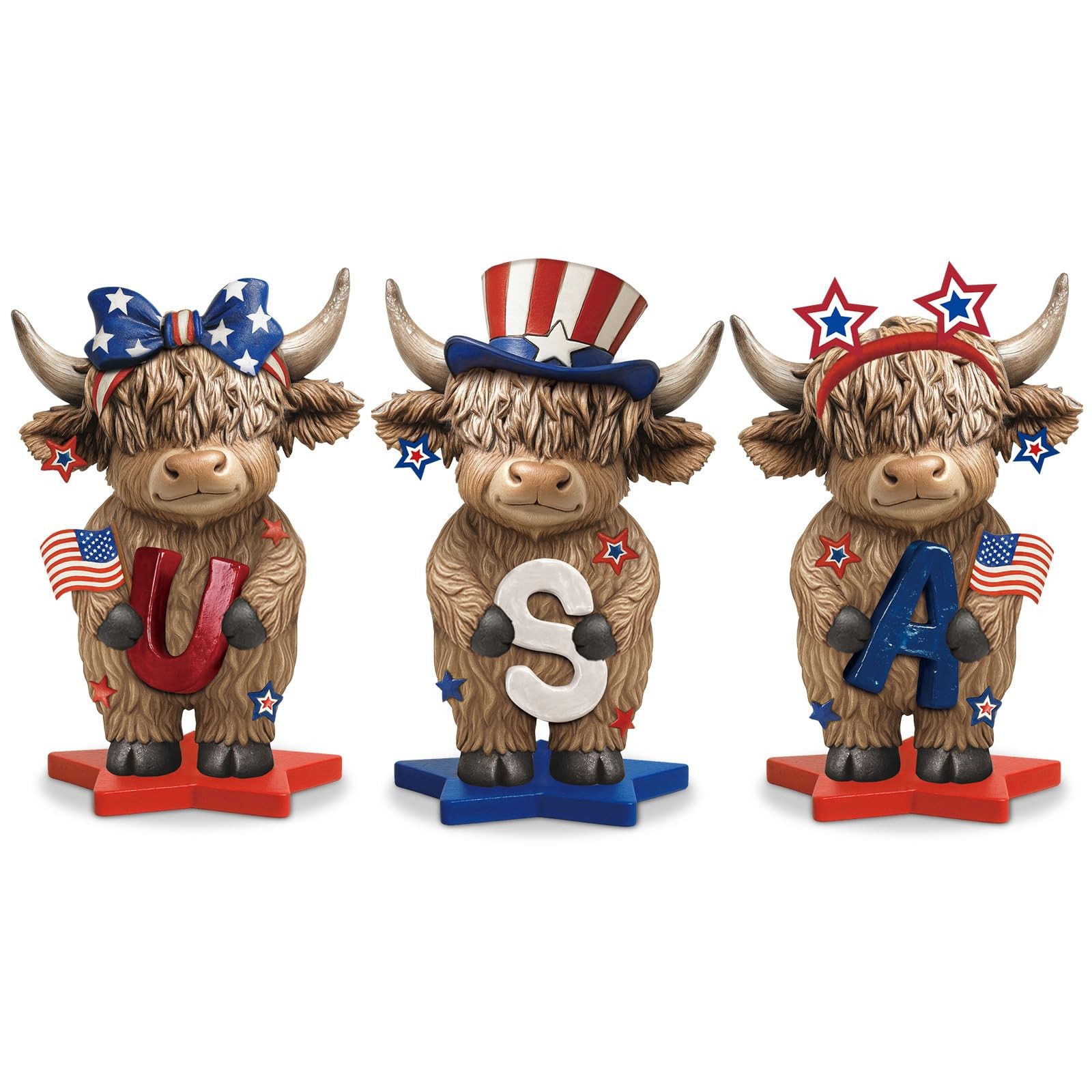 3 Pack Patriotic Highland Cow Resin Figurines, USA Cows Statue with Flag, 250…
