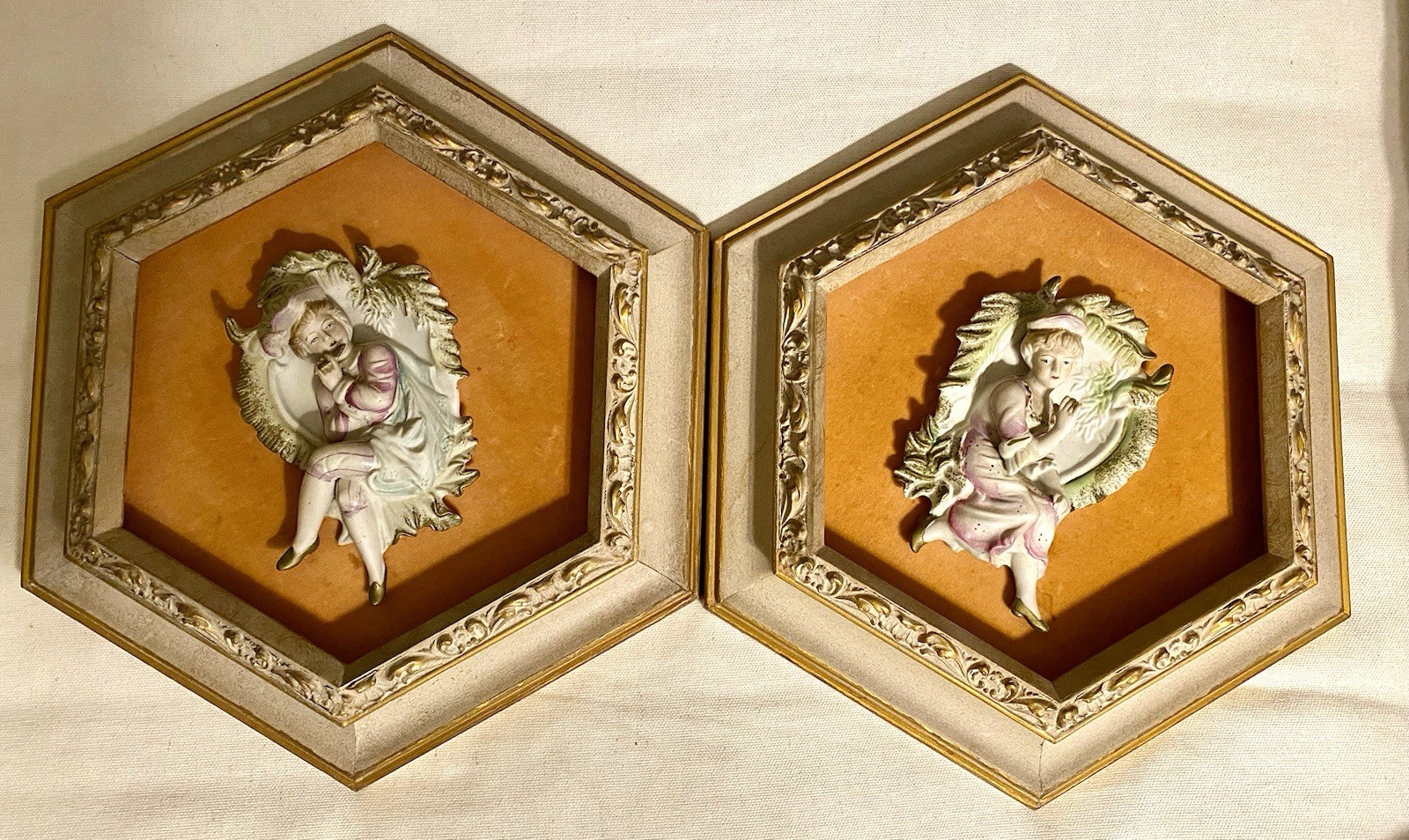 2 WALL PLAQUE FRAMED PORCELAIN RELIEF VICTORIAN ART ERA FIGURES Hexagon Frames