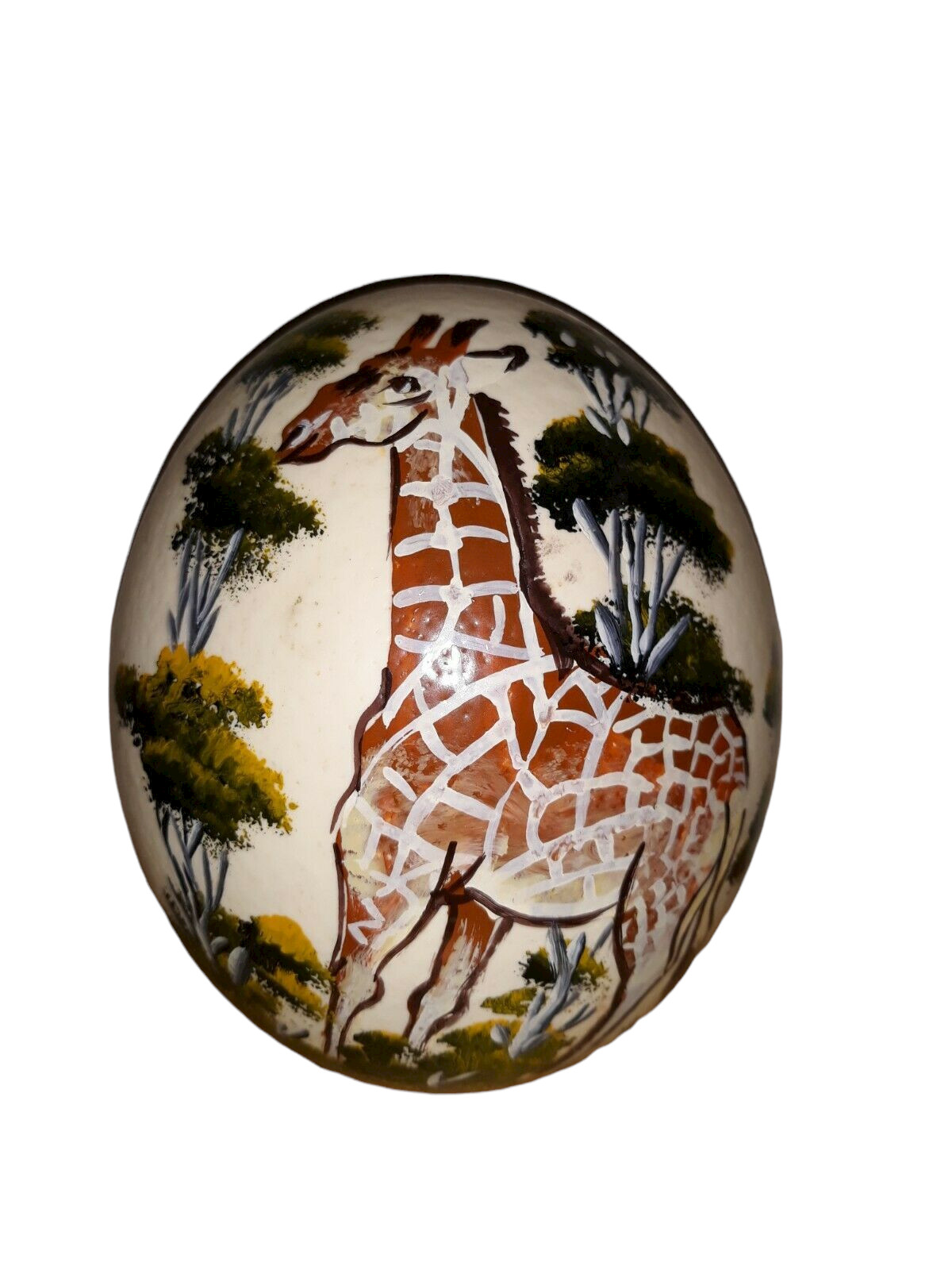 African Giraffe in Bush Hand Painted Ostrich Egg Safari Zoo Room Table Art