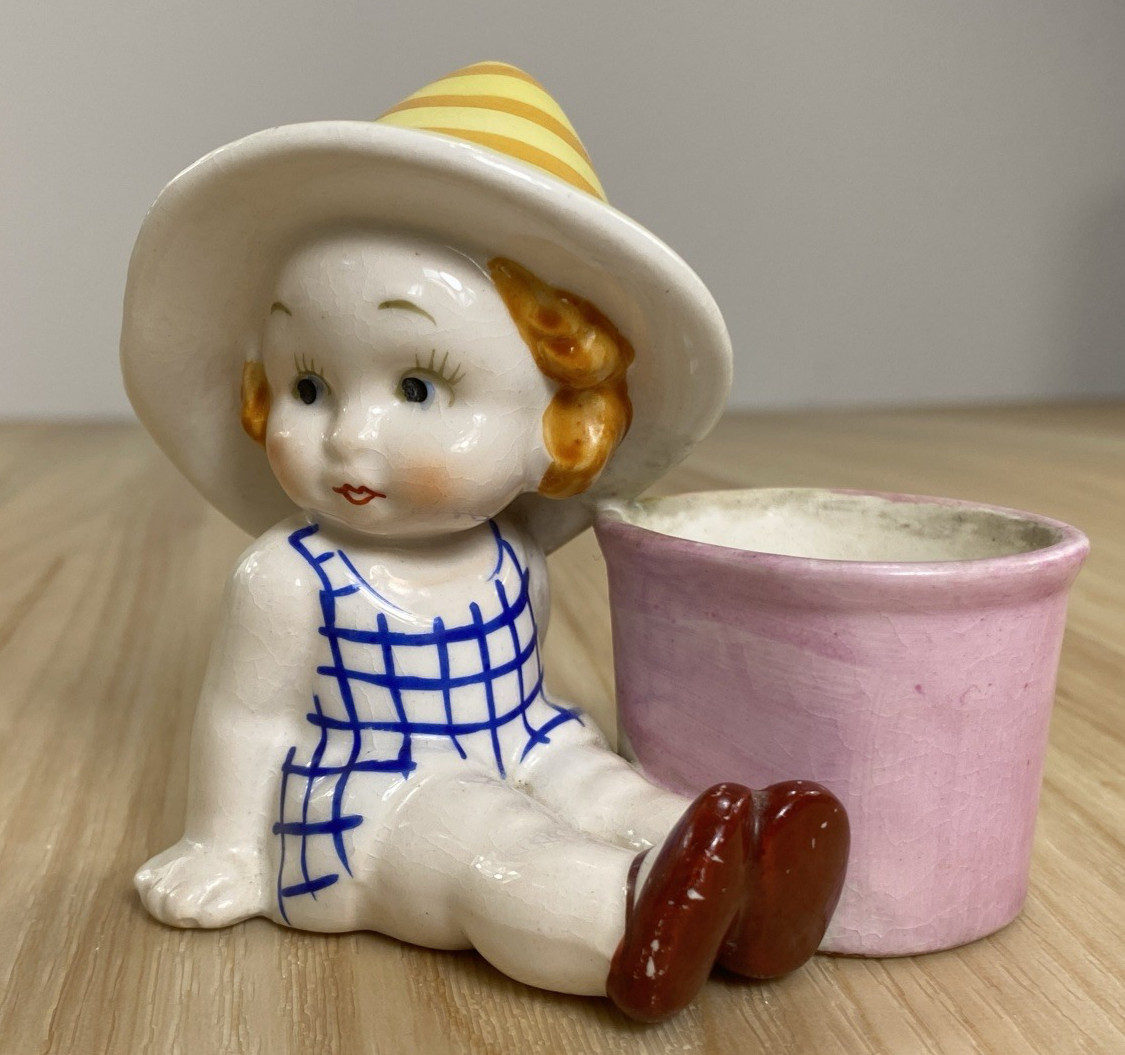 VTG Porcelain Girl Yellow Hat, Blue & White Checkered Dress Figurine Japan 1950s