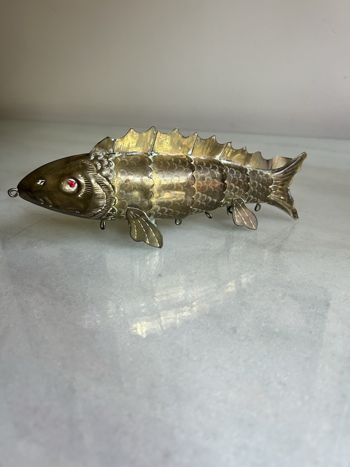 Vintage 8.5” Articulated Brass Fish Statue Red Jewel Eyes Hong Kong Segmented