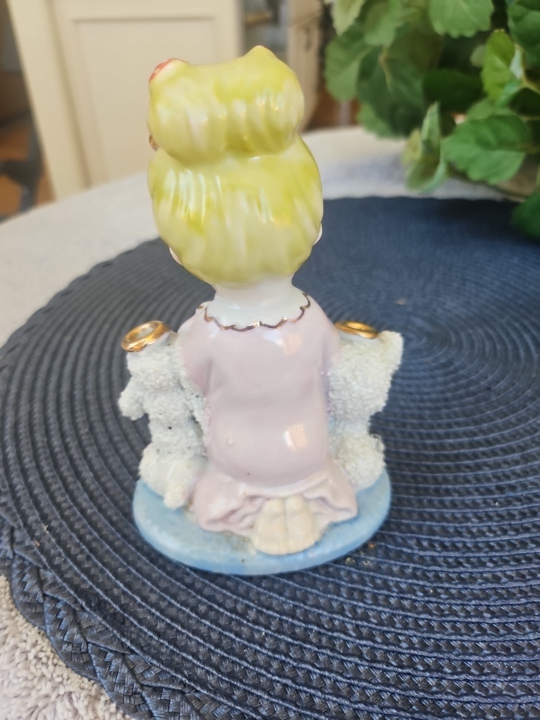 Sweet Girl & Her Puppy & Kitty Wearing Halos Praying Mid Century