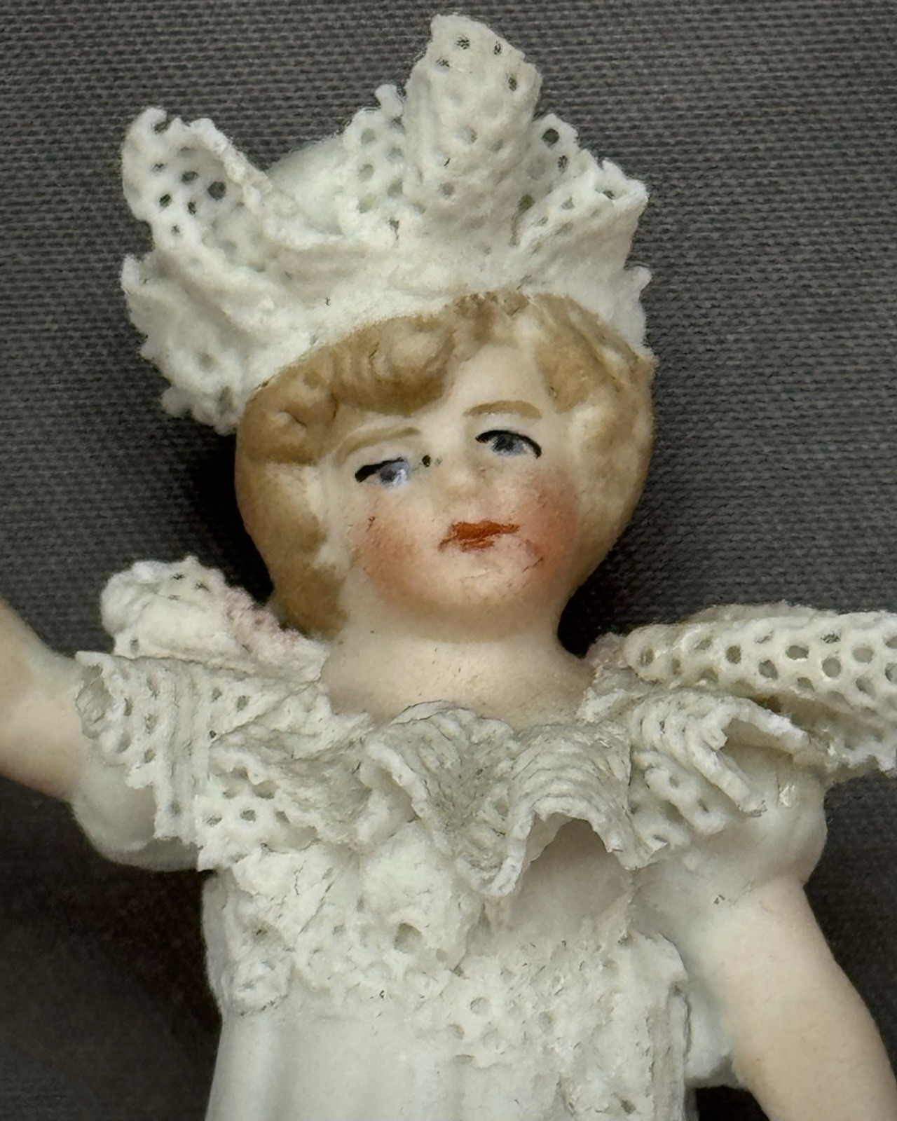 German Bisque Dresden Lace Porcelain Figurine Girl in White Dress Bonnet 3″ Tall