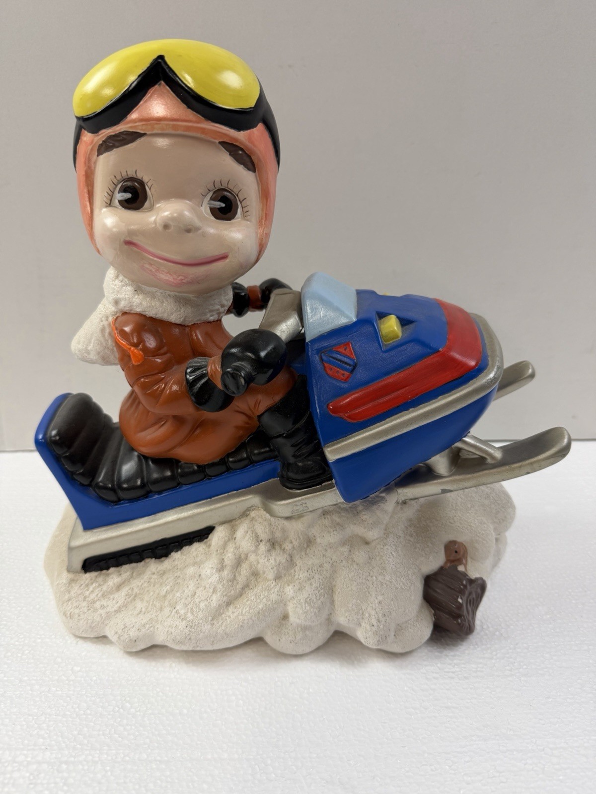 VINTAGE 1970 SMILEY BOY SLED SNOWMOBILE CERAMIC FIGURE ATLANTIC MOLD Think Snow
