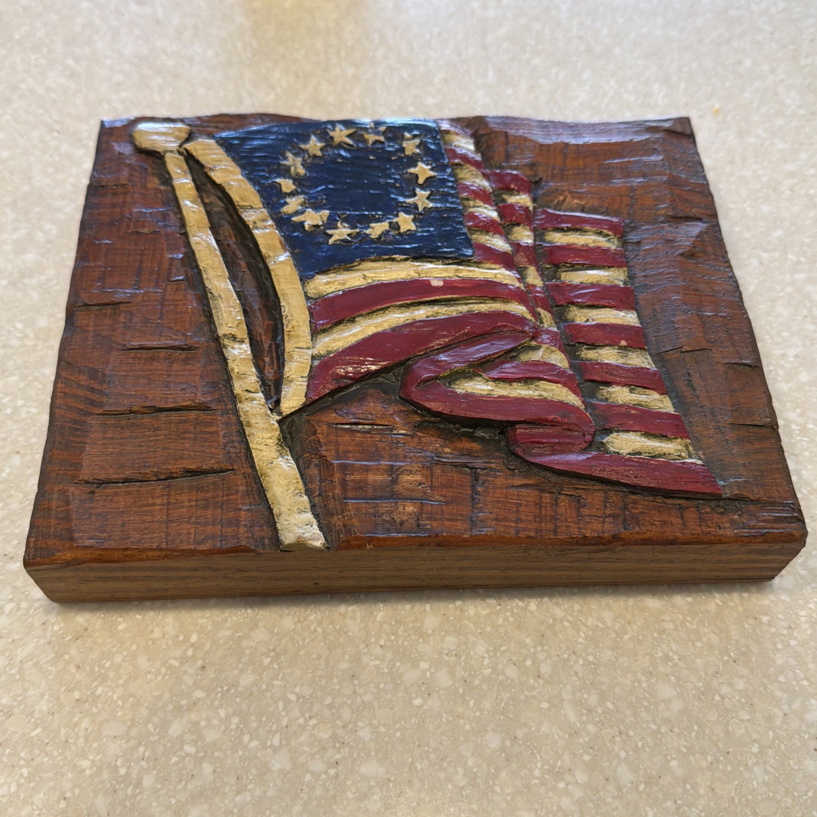 Vintage Americana – Folkart American Flag – Wavy Wood Carving Betsy Ross