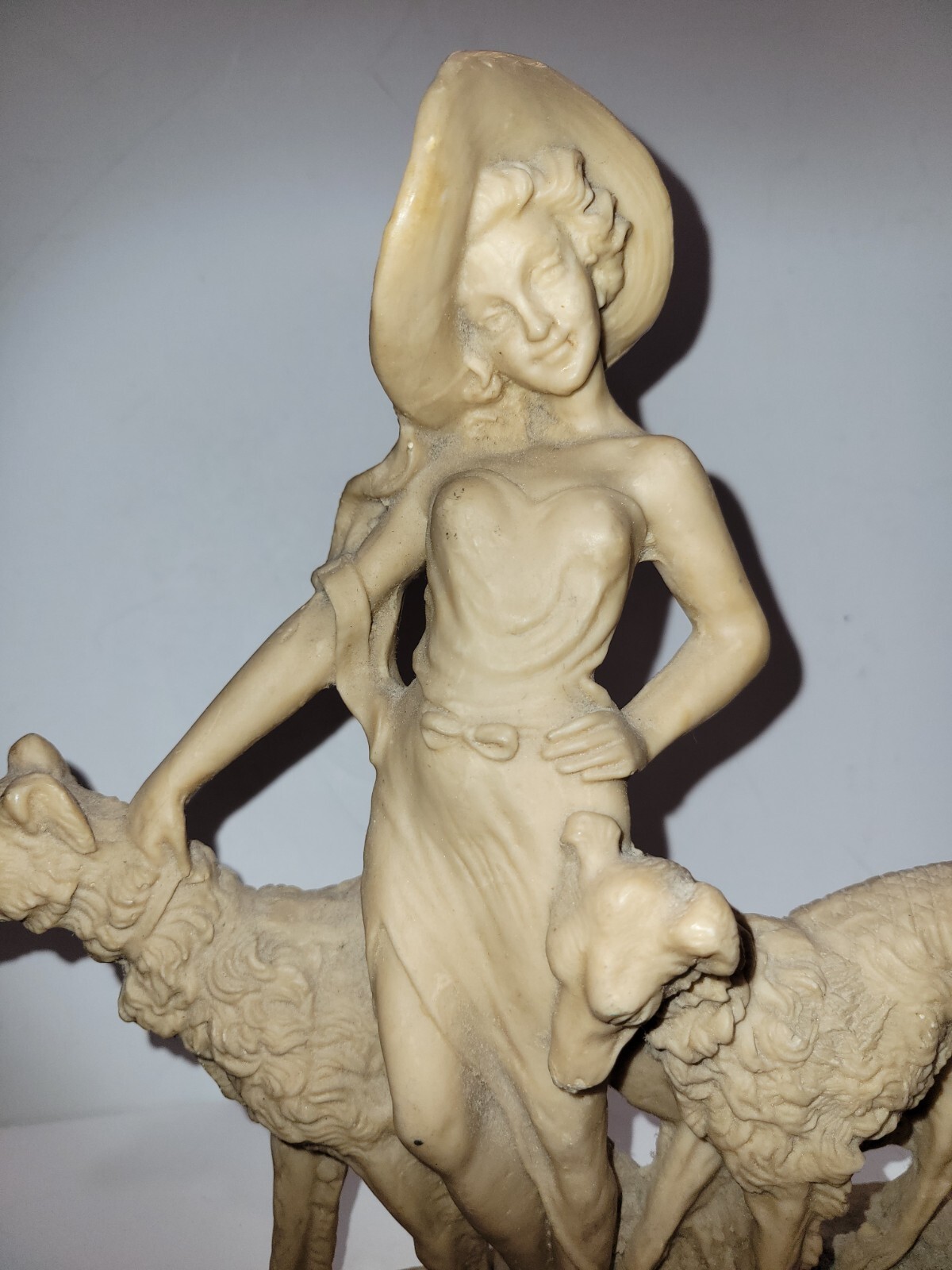 11.25″ Art Deco Resin Statue Lady in a Hat w/2 Wolfhound Borzoi Dogs 1920s Style