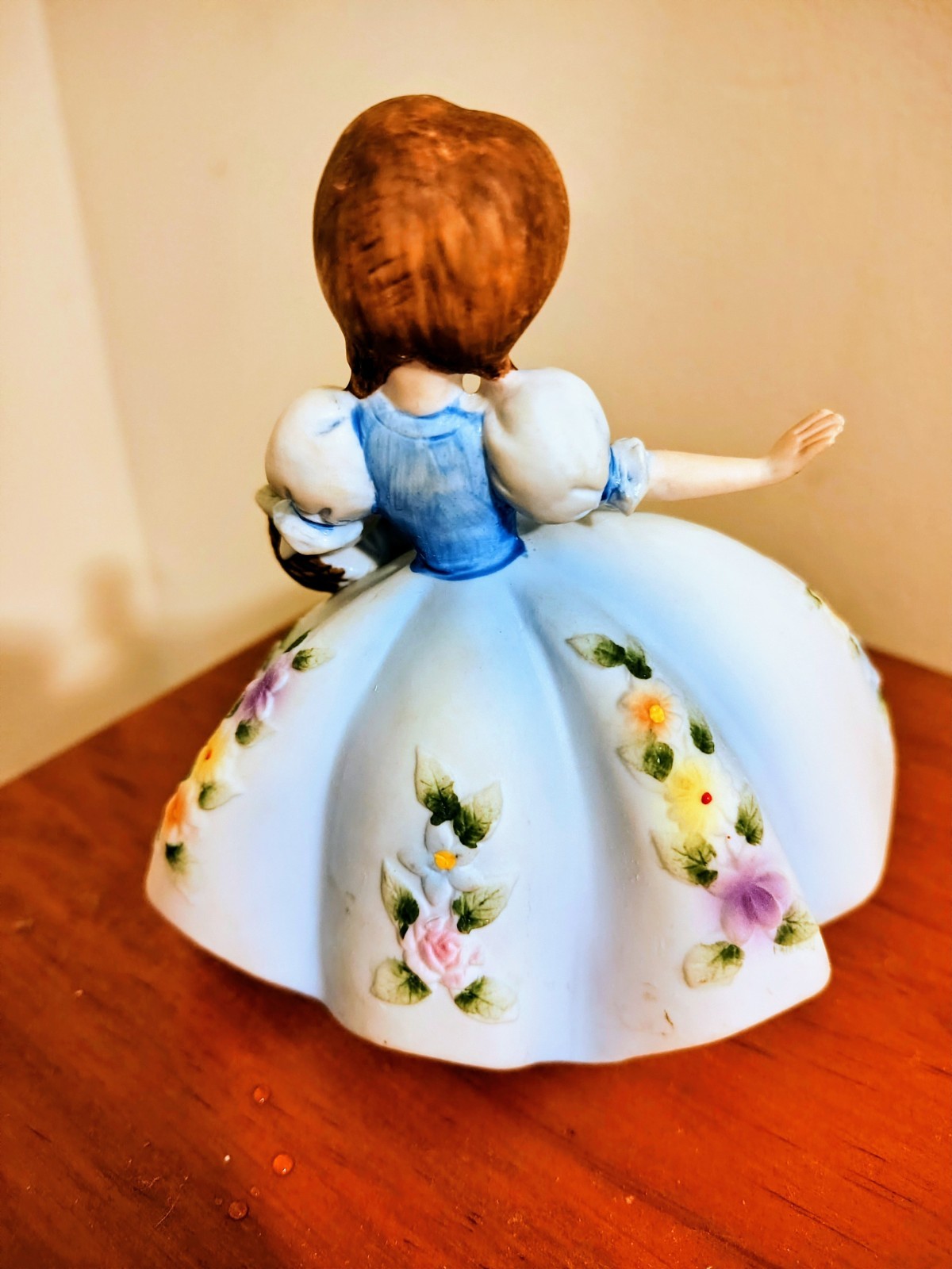 Lefton Child with Basket Figurine, White, Blue and Floral