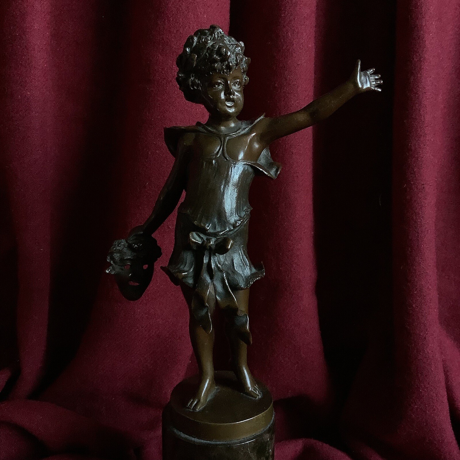 Antique Bronze Girl Statue Theater Allegory Actress Mask Baroque Artist Signed