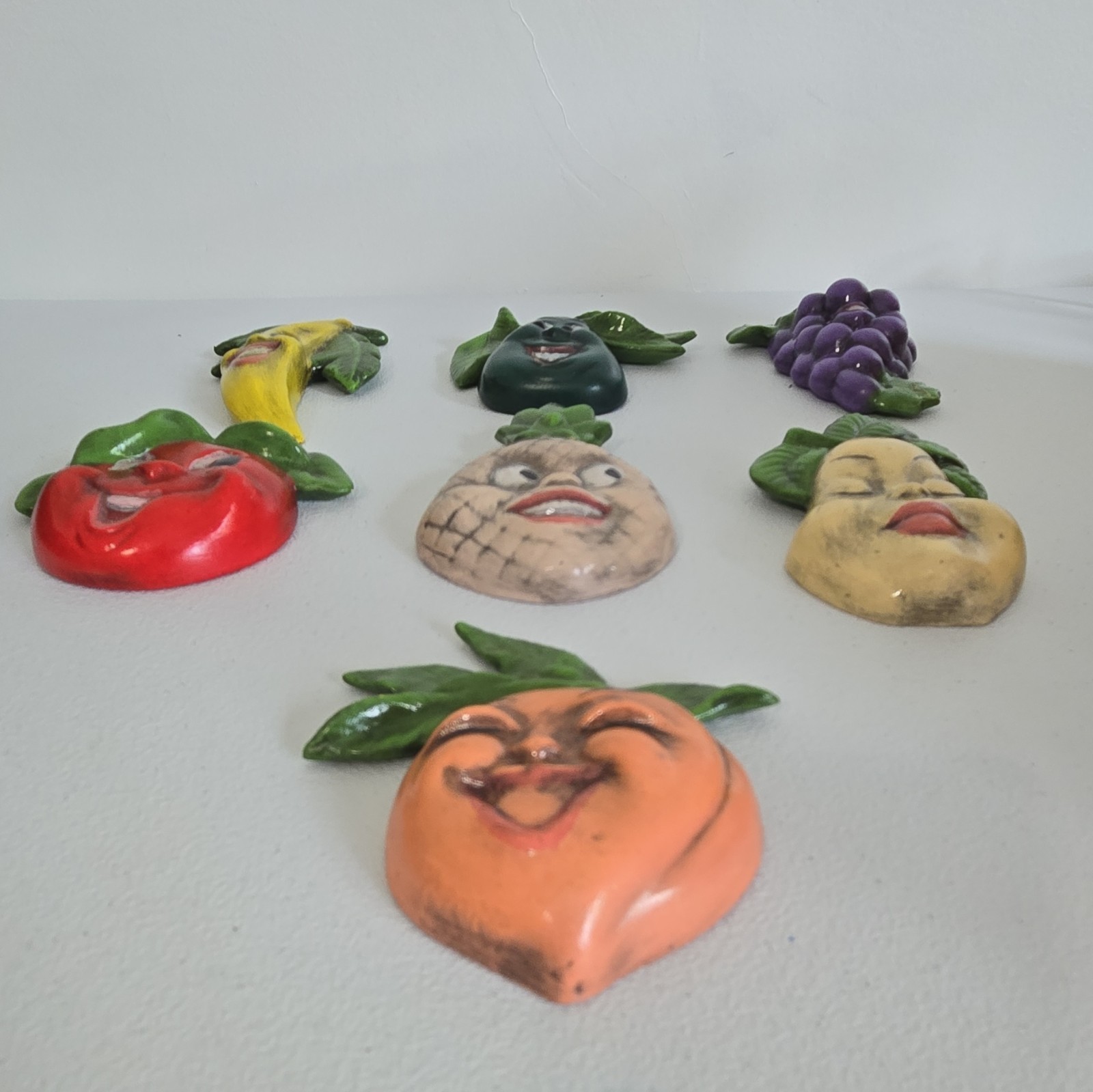 Anthropomorphic Chalkware Wall Plaque Fruit Lot Of 7 Vintage MCM