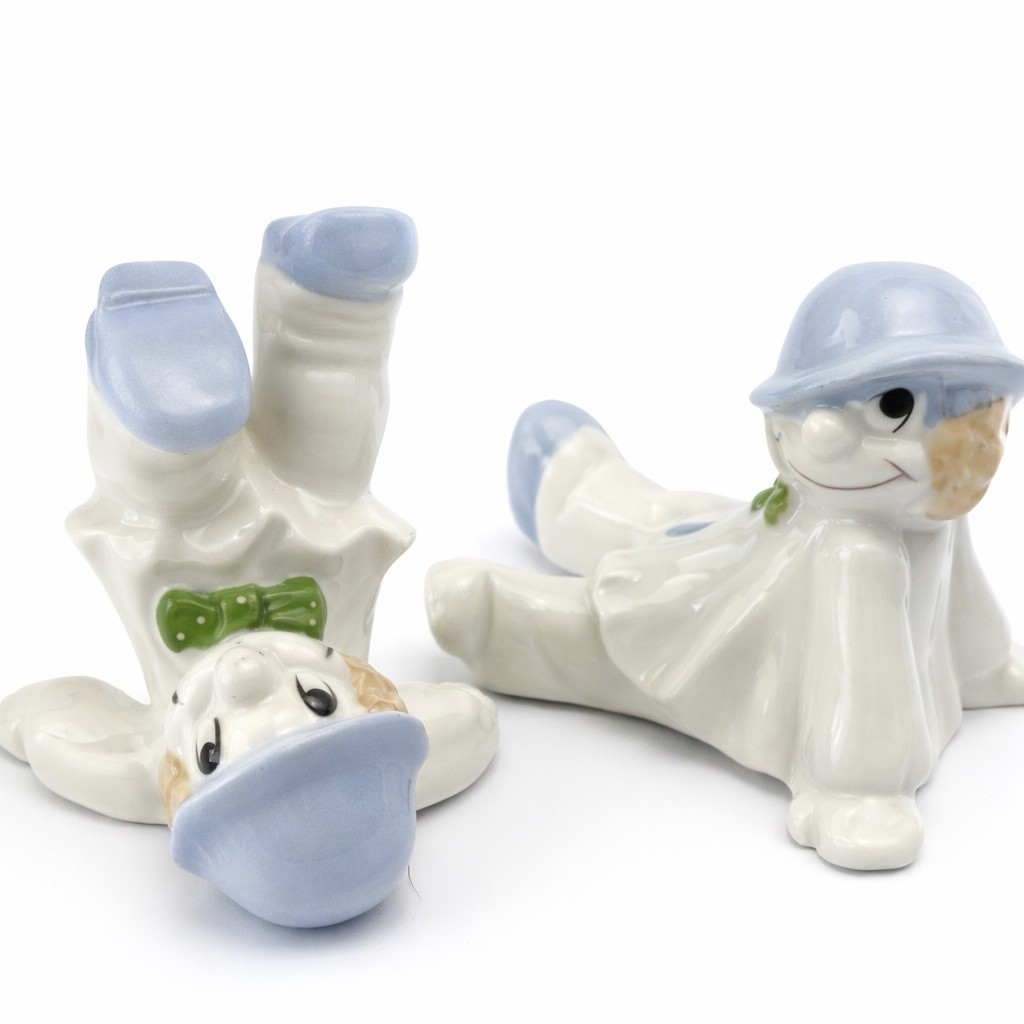 Vintage Ceramic Clown Figurines Pair Blue White Comic Clowns Playful Decor