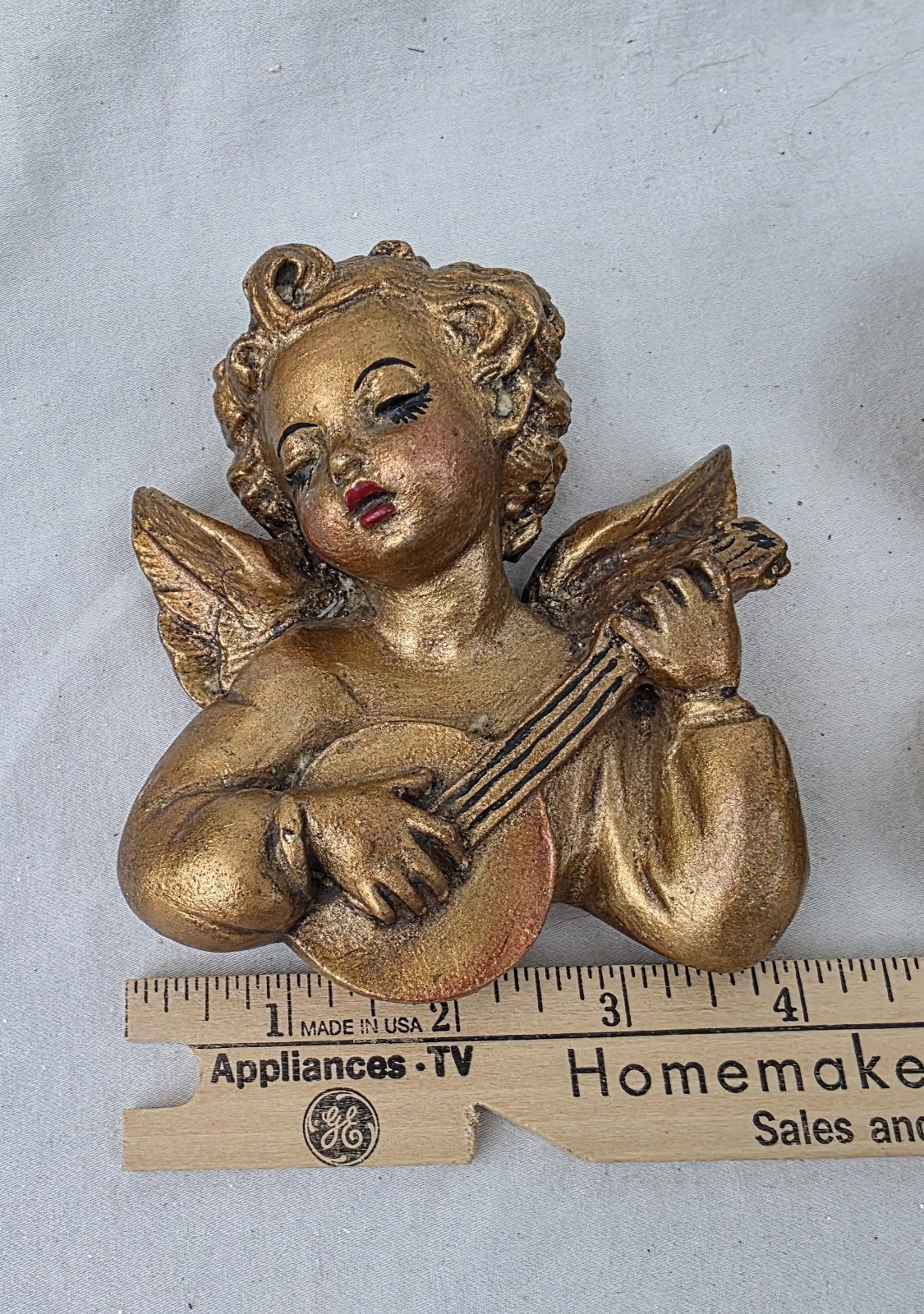Vintage Musical Cherub Angels(2) MCM Gold Plaster Chalkware Hanging Wall Decor