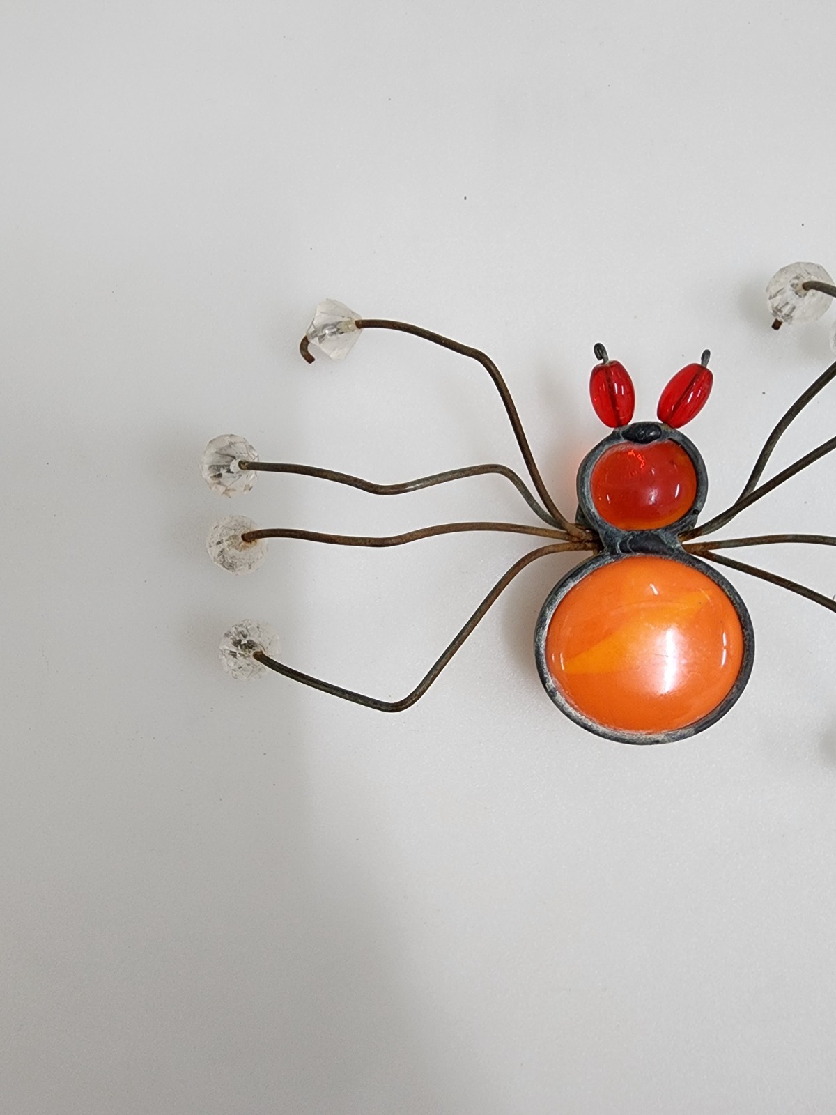 Handcrafted Stained Glass Spider Figurine Wire Legs Orange Red Insect Sculpture