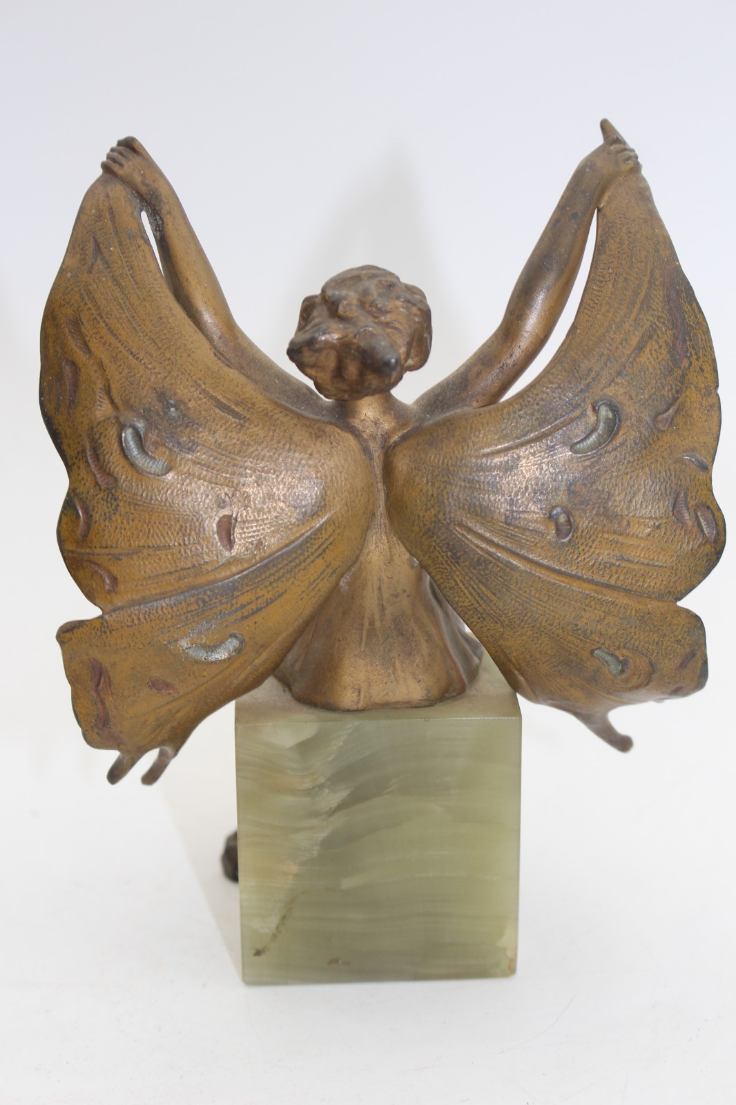 Buttefly Girl / Fairy Art Nouveau Bronzed Statue, Marbled Green Stone Base