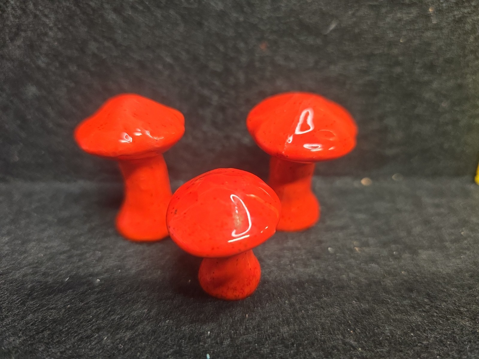Lot 3 Glazed Mini Ceramic Mushroom Figurines Speckled Red/Orange