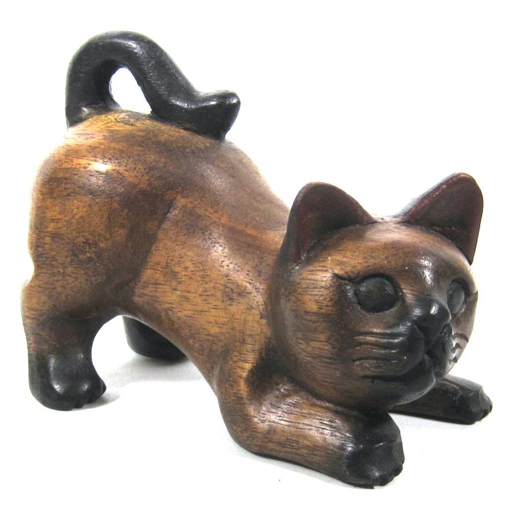 Vintage Hand Carved Wooden Cat Statue 7 Inches Long