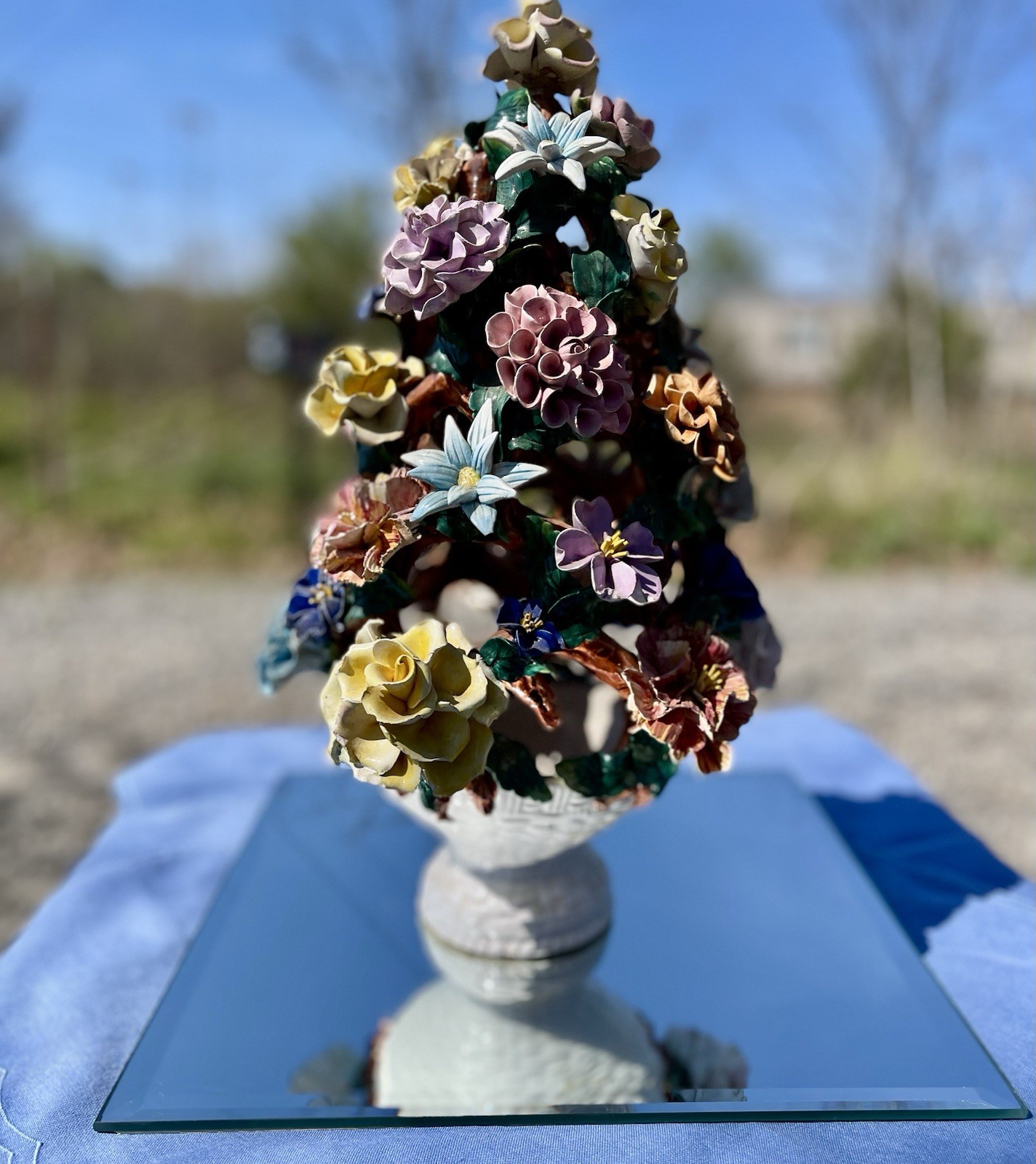 Vintage Capodimonte porcelain flower sculpture centerpiece with mirrored base