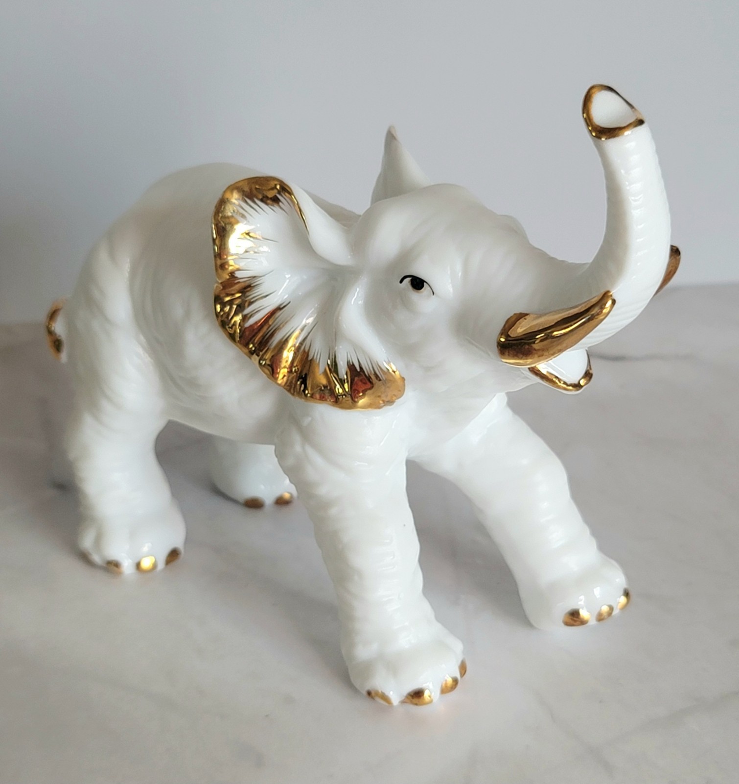 Vintage Matte & Glossy White Elephant Figurine w/ Gold Trim 4-1/2″ Tall 5″ Long