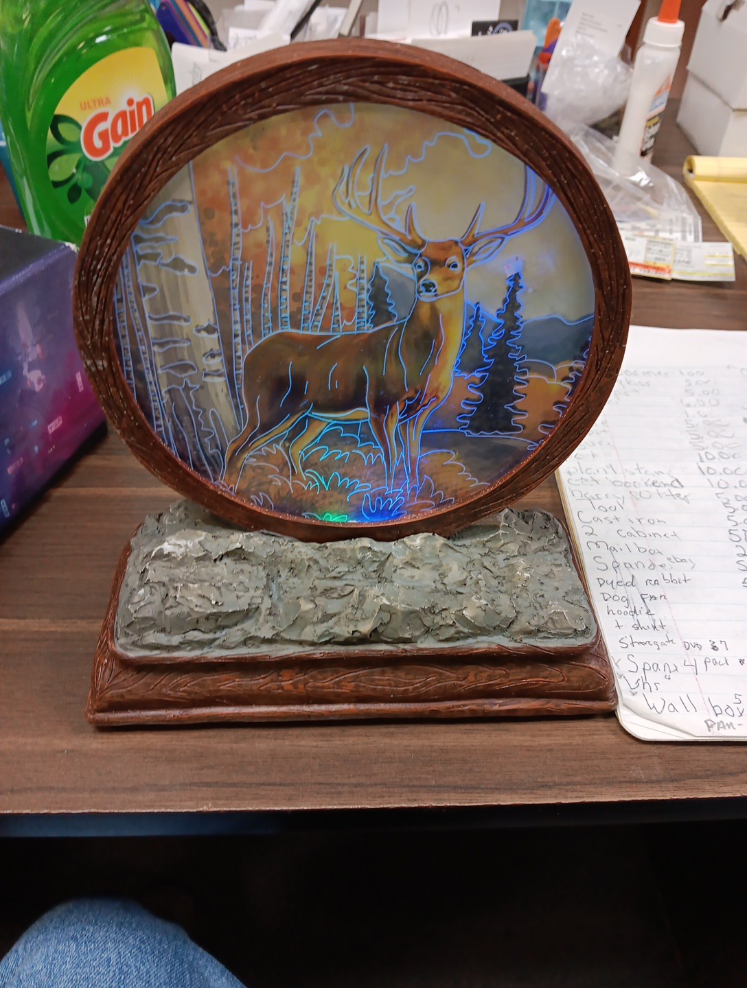 Deer Lighted picture w/wooden frame on rock and wooden base battery operated