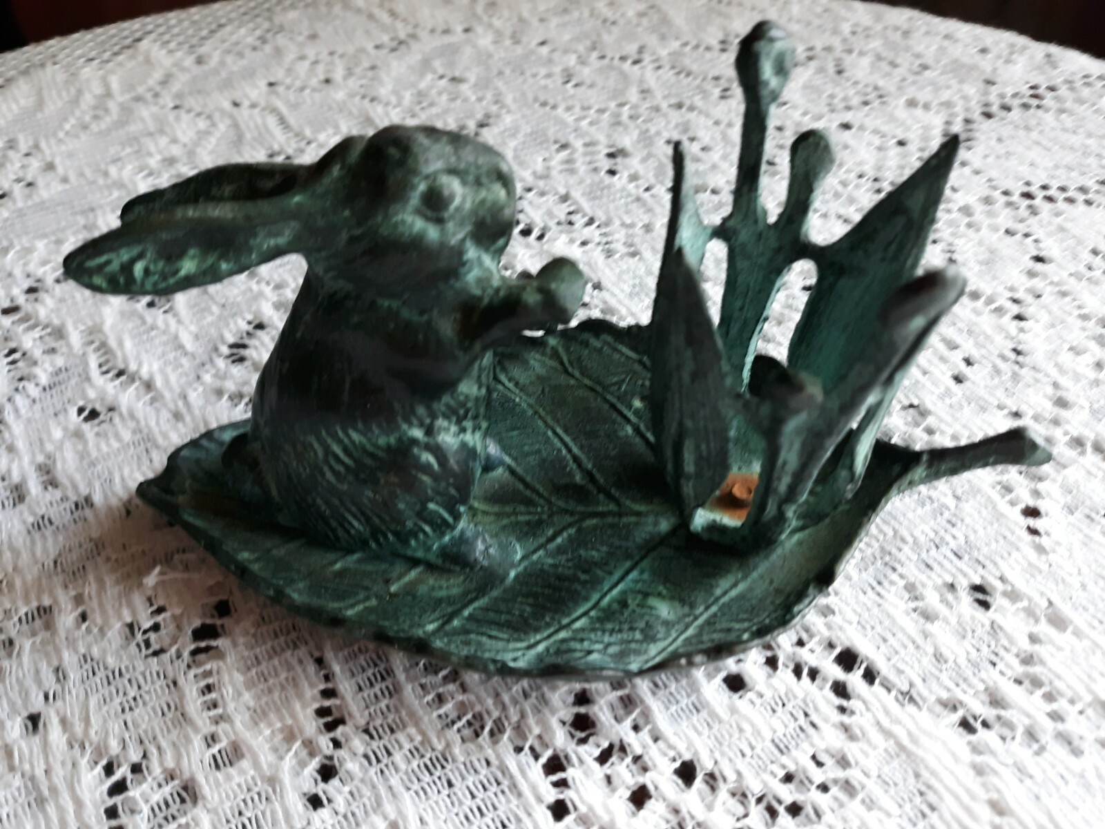 Vintage Cast Metal Bunny Rabbit Rowing On Leaf Green color Sweet