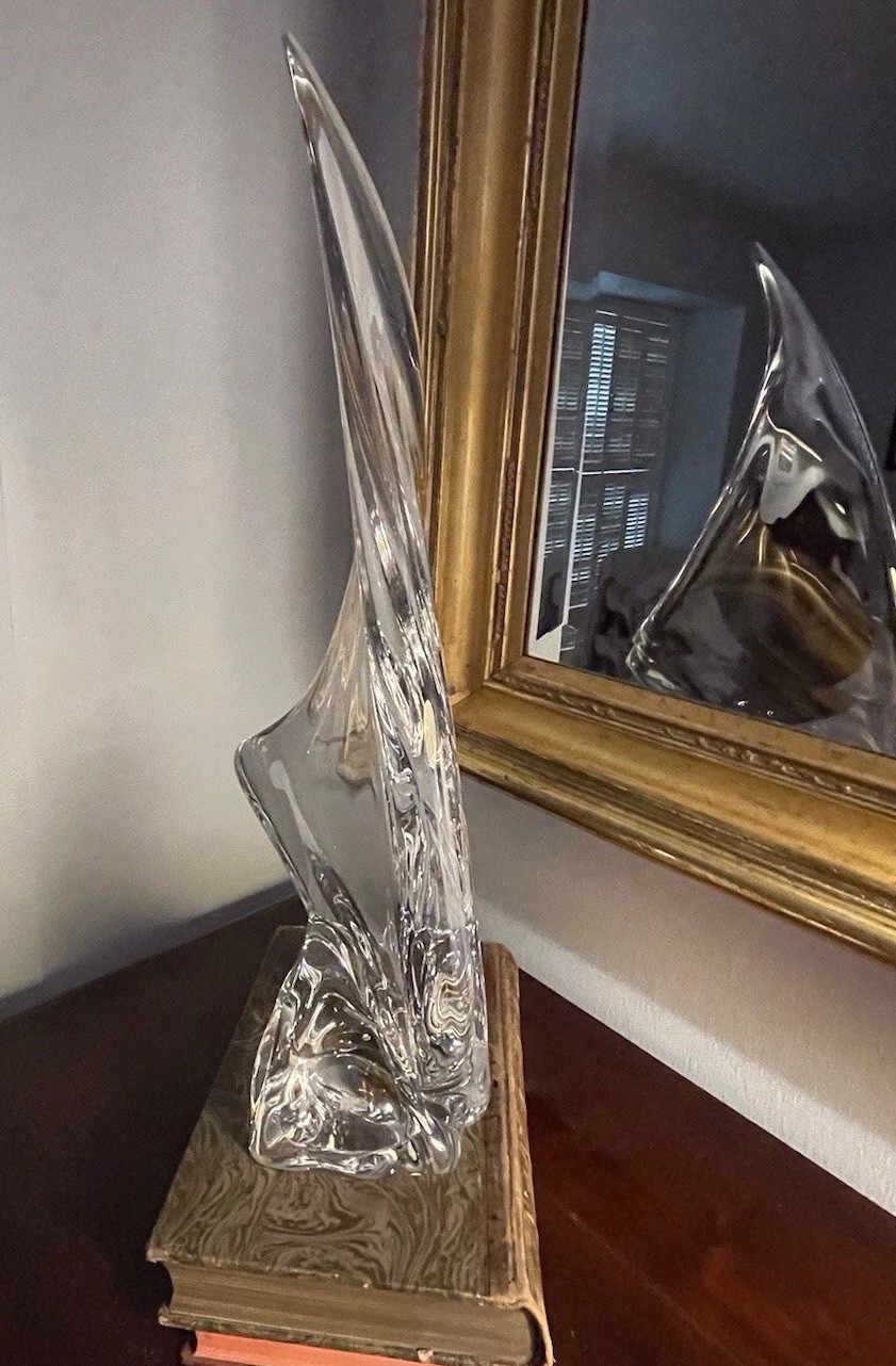 Daum Crystal Sail Sculpture, Label & Signature -Base 21h x 11” Perfect Condition