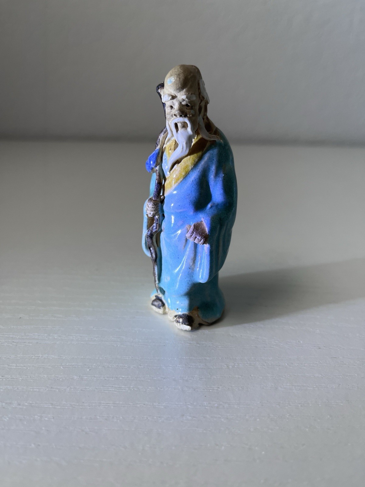 Hand Painted Chinese Mud Man Elderly Man Holding a Staff