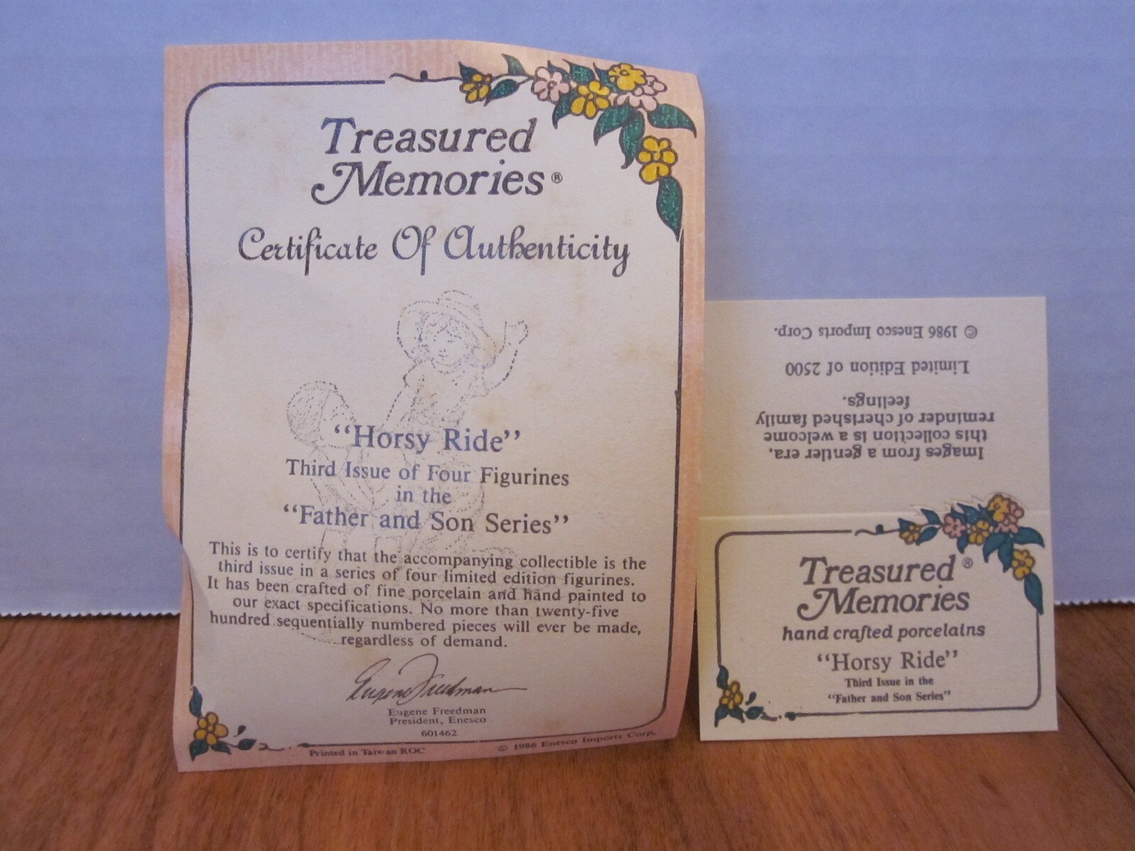 ENESCO 1986 Father & Son Series “Horsey Ride” Figurine Original Box, COA ID Card