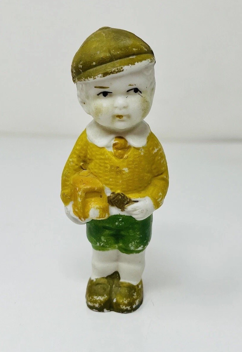 Vintage 1930s Japan Bisque Boy Figurine Brown Hat Yellow Jacket 4″ Porcelain