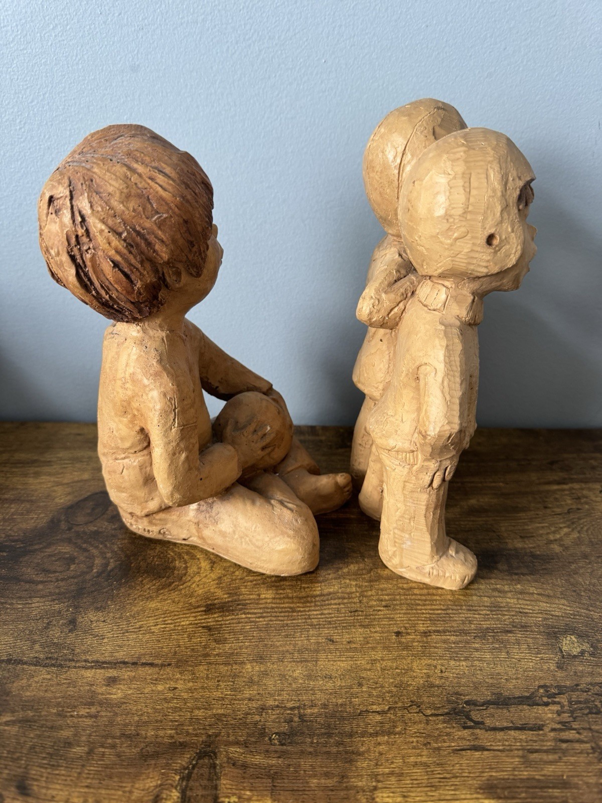 Lee Bortin Signed Clay Children Figurines Football Kids Folk Art Lot Of 2