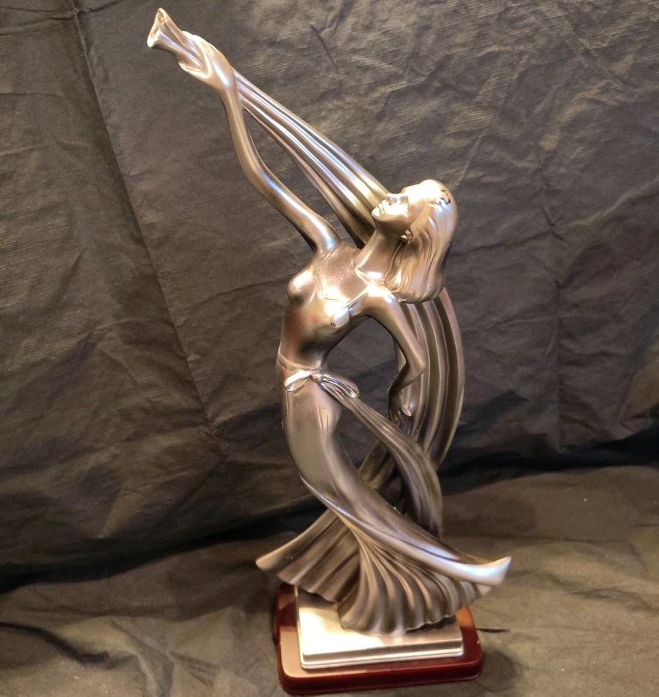 Dynamic 15.5″ Silver Tone Figurine Dancer With Ribbon Art Deco Style Sculpture