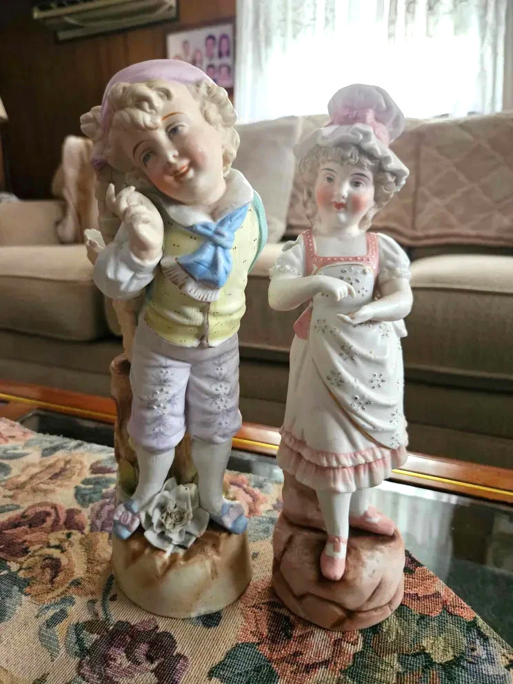 Vintage Gebruder Heubach GERMAN BISQUE Porcelain Set Young Boy w/ Basket + Girl
