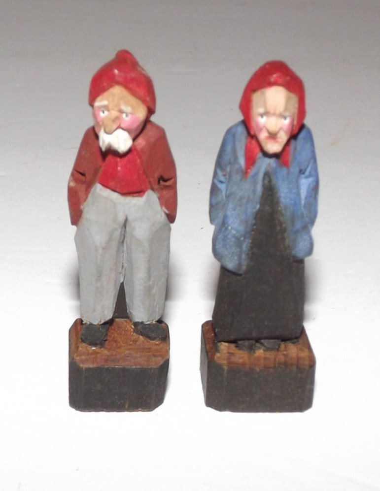 Vtg Pair Folk Art Hand Carved Painted Wood Old Man Woman Red Hats Miniature