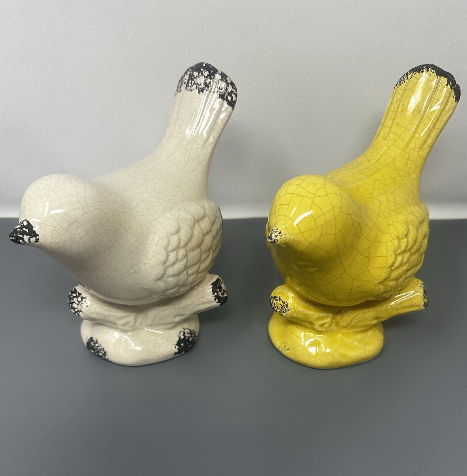 Set Of Two Ceramic Birds, Distressed With Crackle Look, Yellow And White 6” T