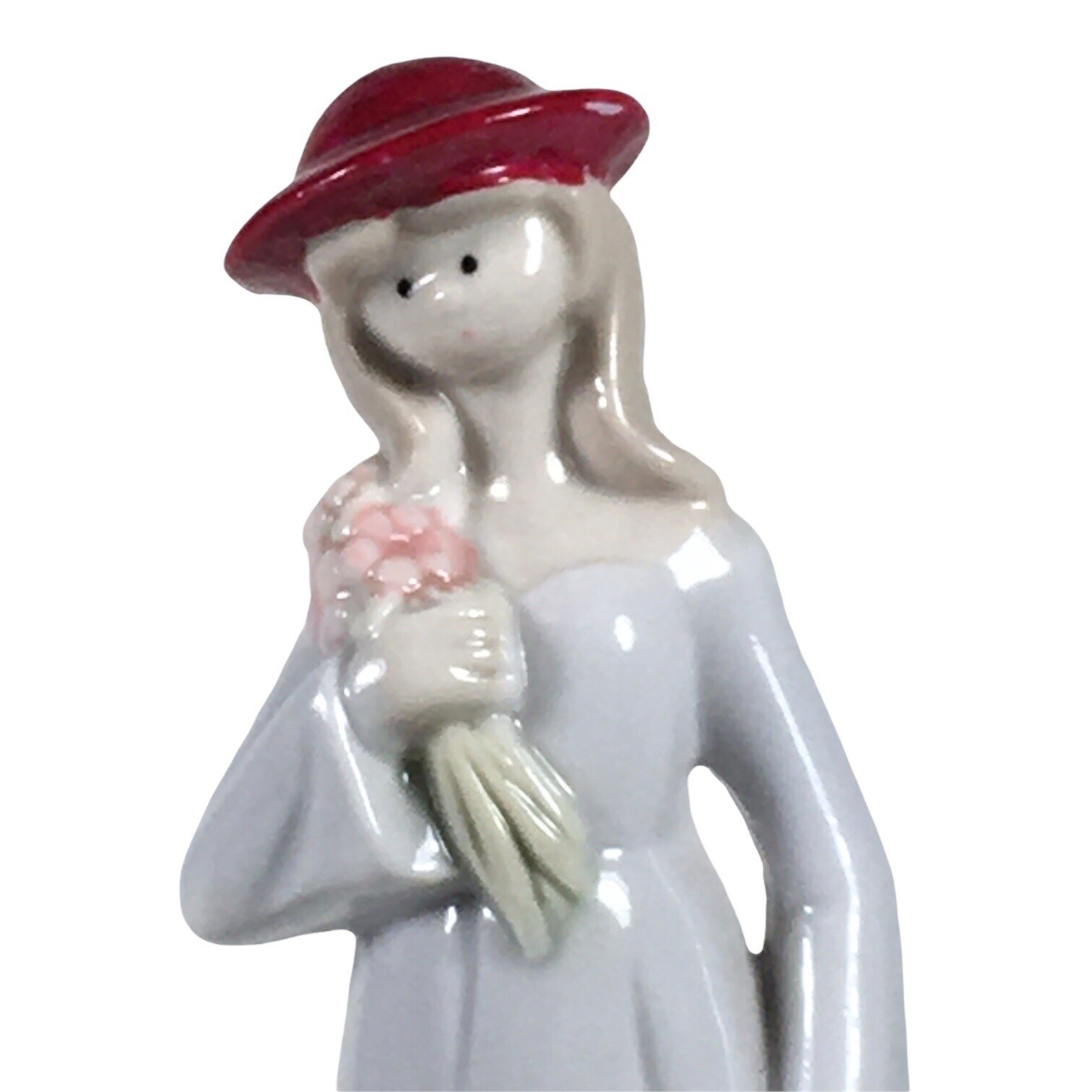 Vintage Ceramic Figurine Woman In Red Hat Holding Flowers 7″ Tall Floral Details