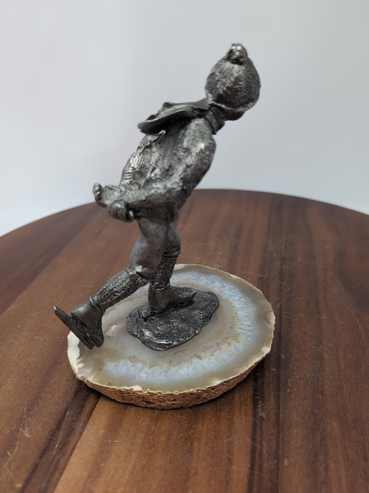 Pewter Figure, Young Boy Skating on a Lake of Banded Agate, Signed/Dated
