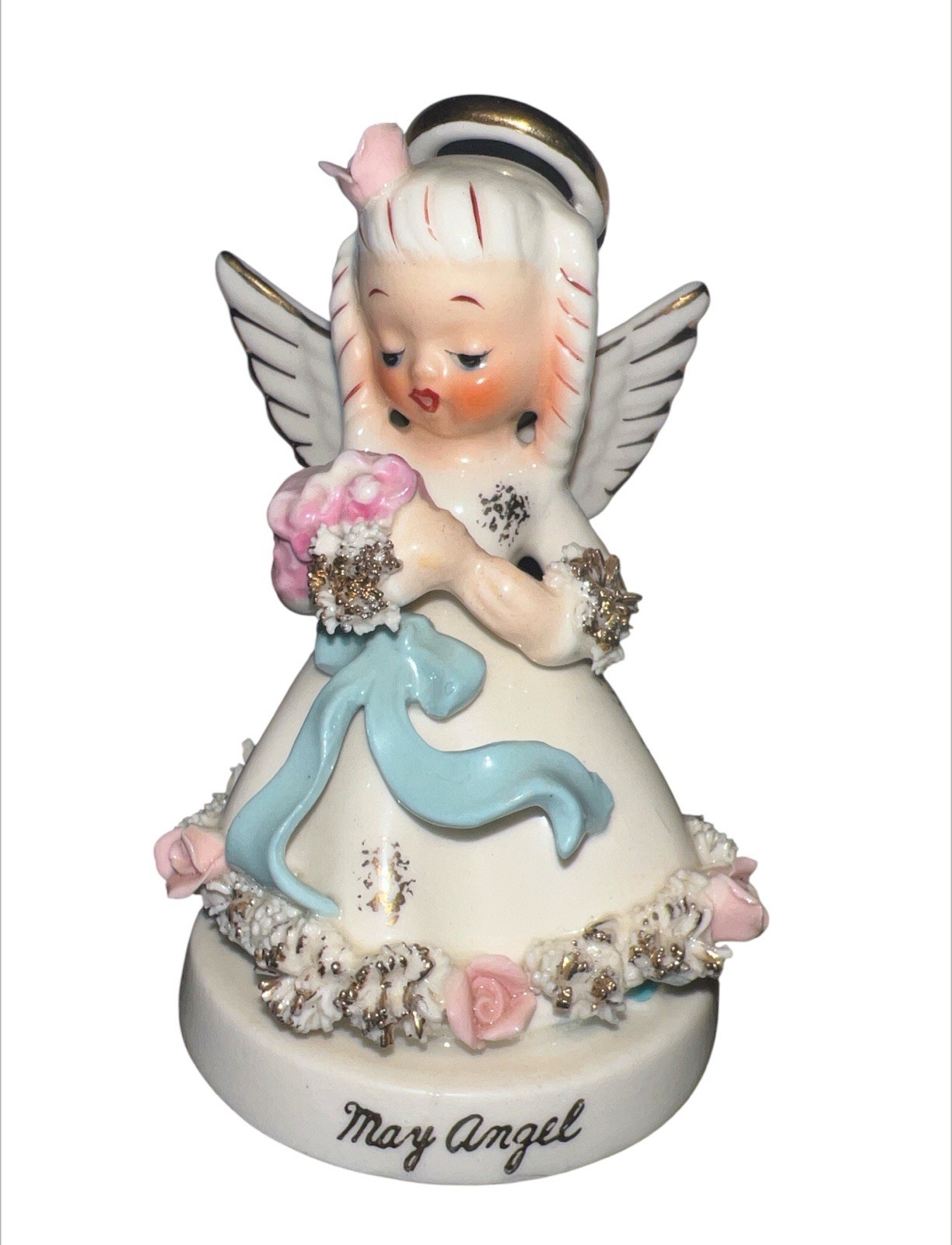 Vintage 1950’s Napco May Birthday Angel Figurine Spaghetti Trim A405N