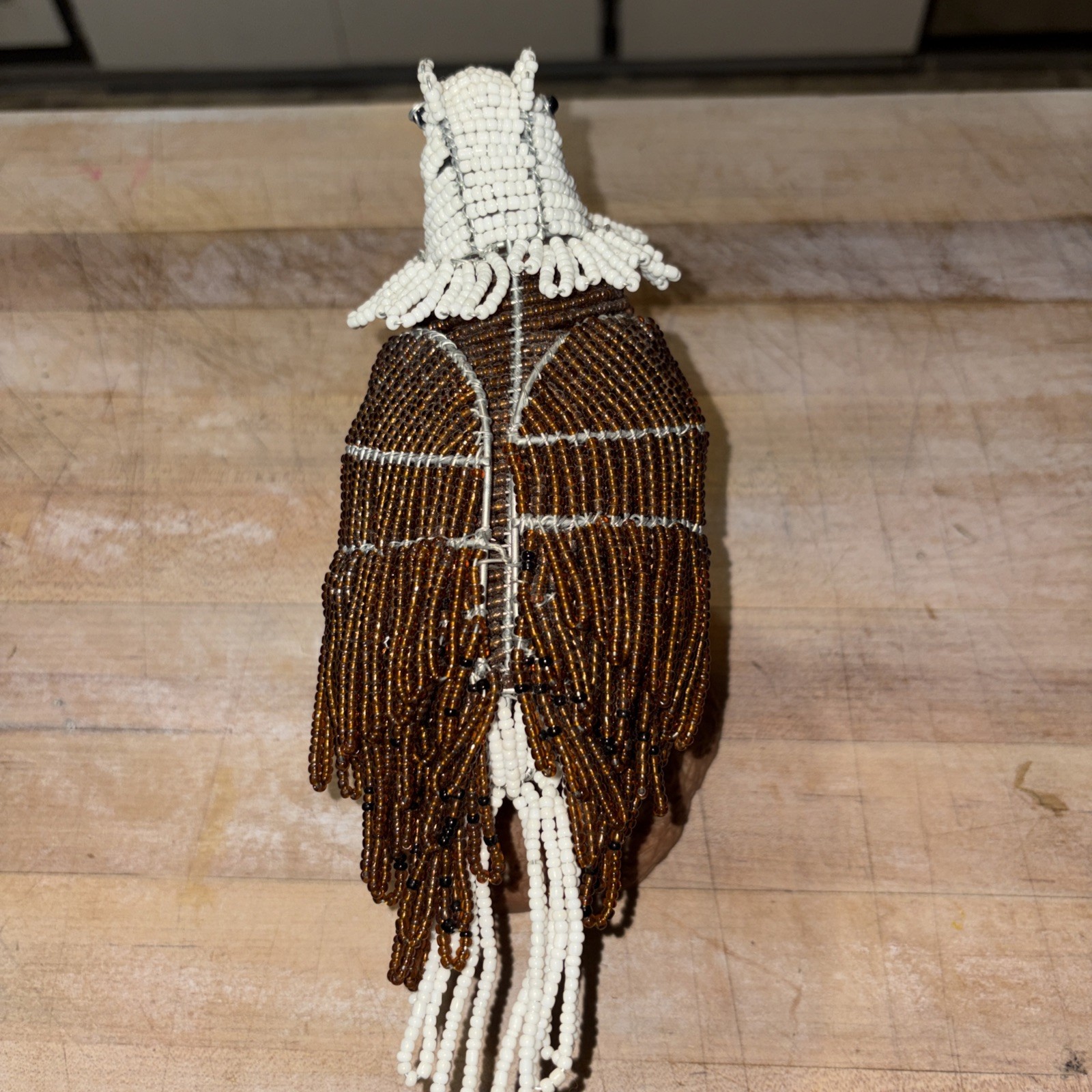 Hand Crafted, Wire Beaded Iridescent Bald Eagle Sculpture On Branch